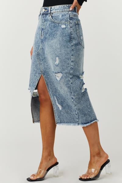 Medium Wash Distressed Denim Midi Skirt