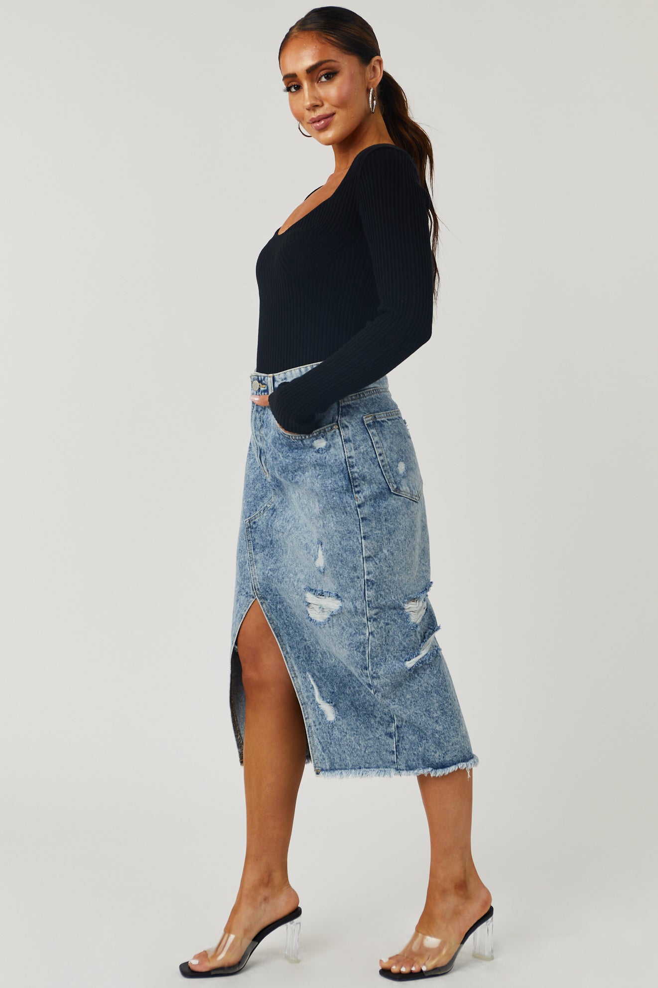 Buy StyleStone Women's Denim Distressed Strip Midi Skirt (Blue, Medium) at  Amazon.in