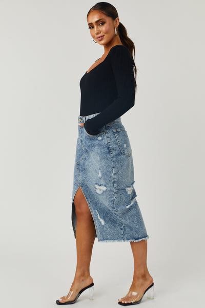 Medium Wash Distressed Denim Midi Skirt