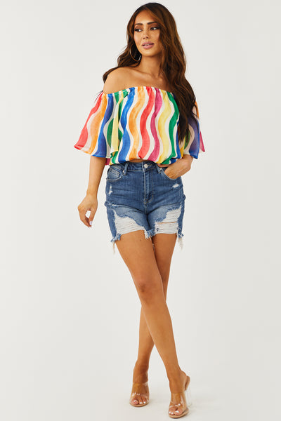 Medium Wash Distressed Mid Thigh Denim Shorts