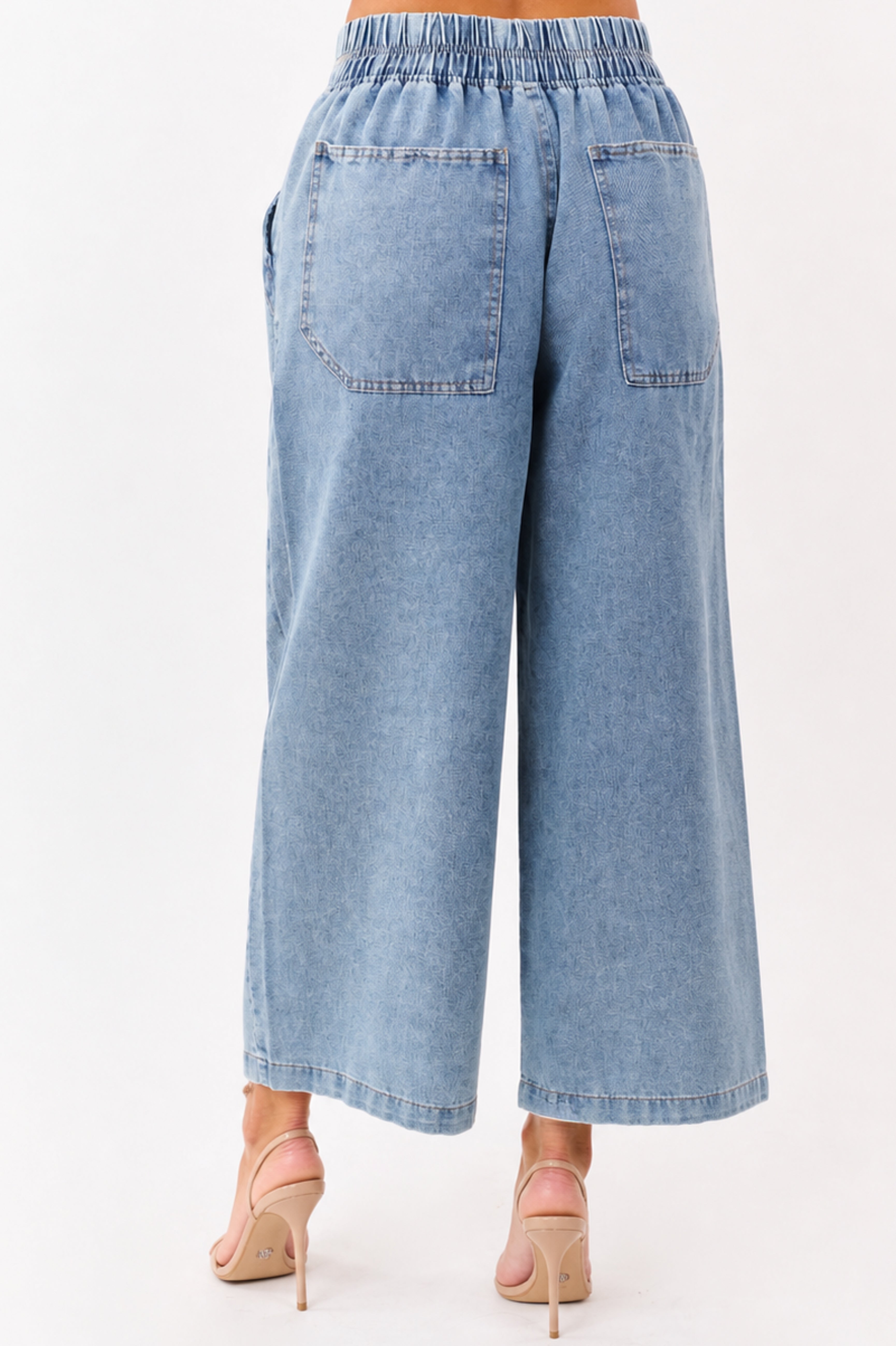 Medium Wash Elastic Waist Denim Wide Leg Pants