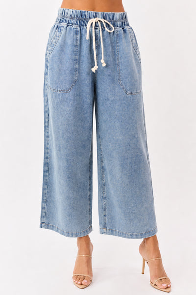 Medium Wash Elastic Waist Denim Wide Leg Pants