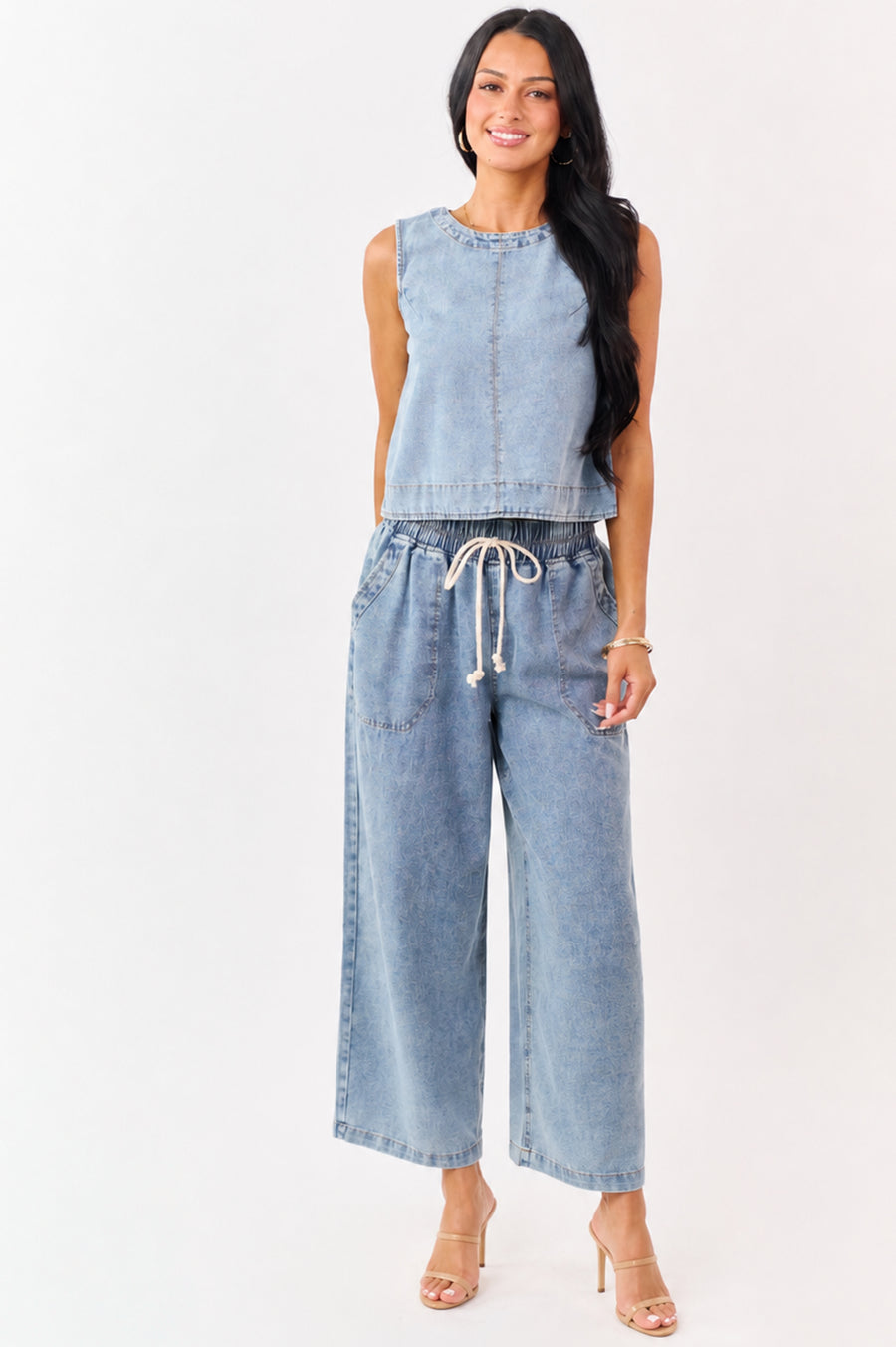 Medium Wash Elastic Waist Denim Wide Leg Pants
