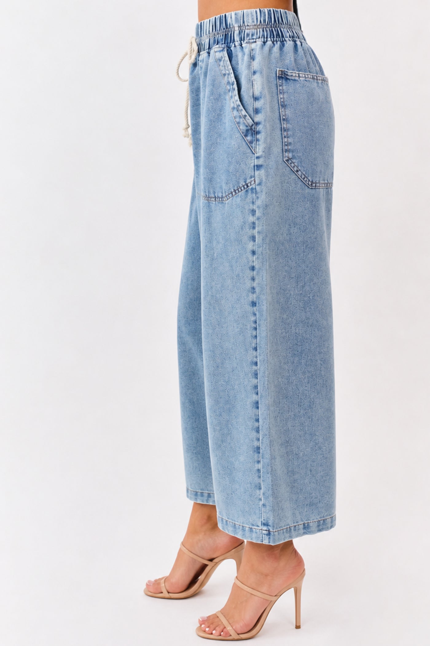 Medium Wash Elastic Waist Denim Wide Leg Pants