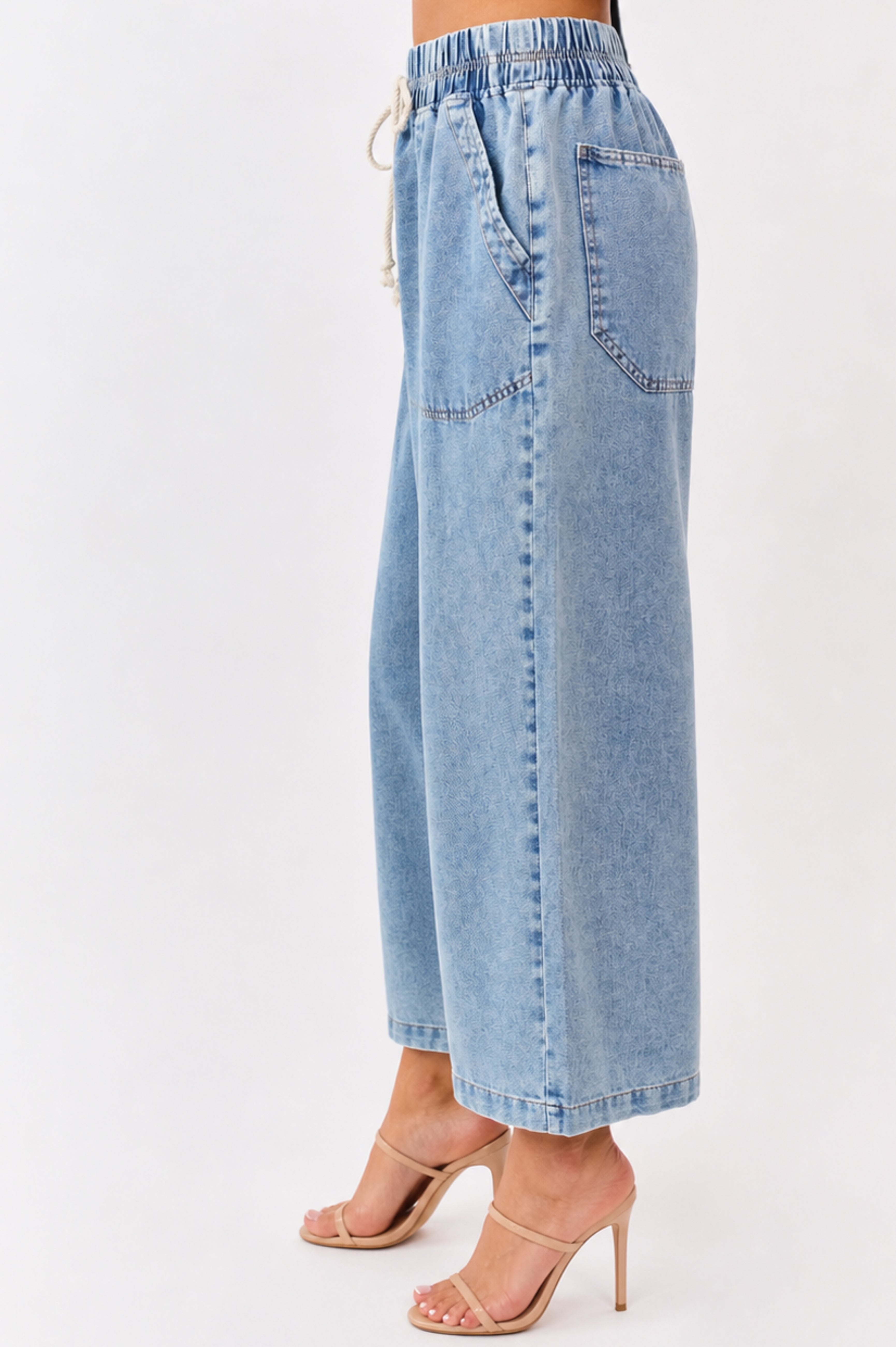 Medium Wash Elastic Waist Denim Wide Leg Pants