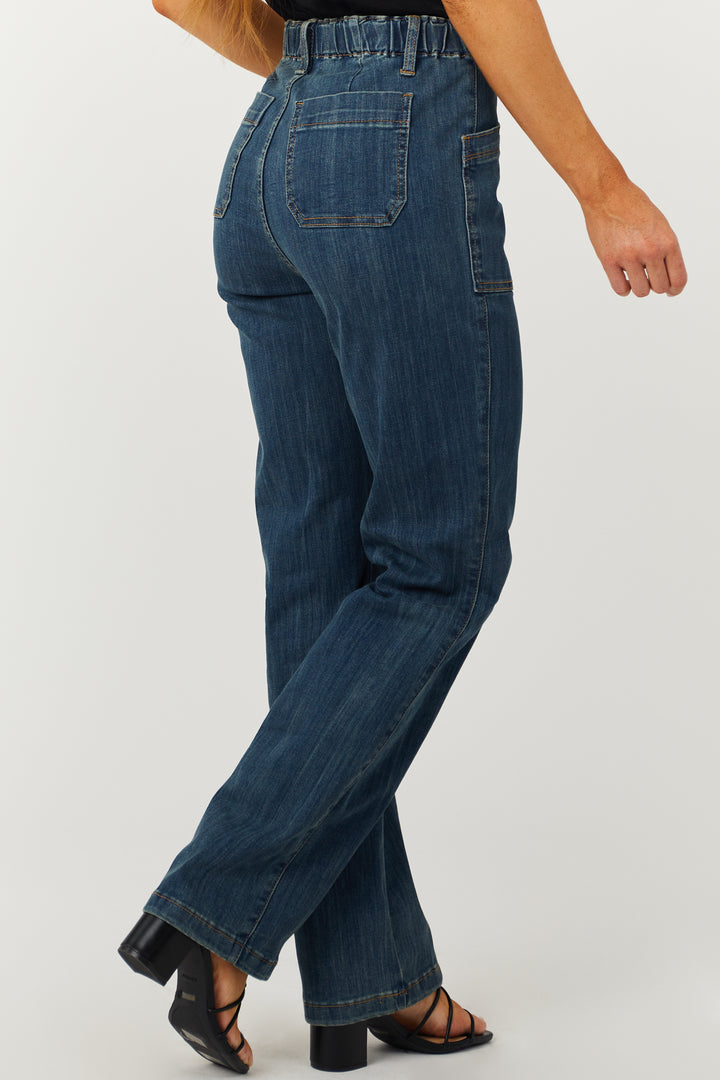 Medium Wash Elastic Waist Vintage Straight Jeans