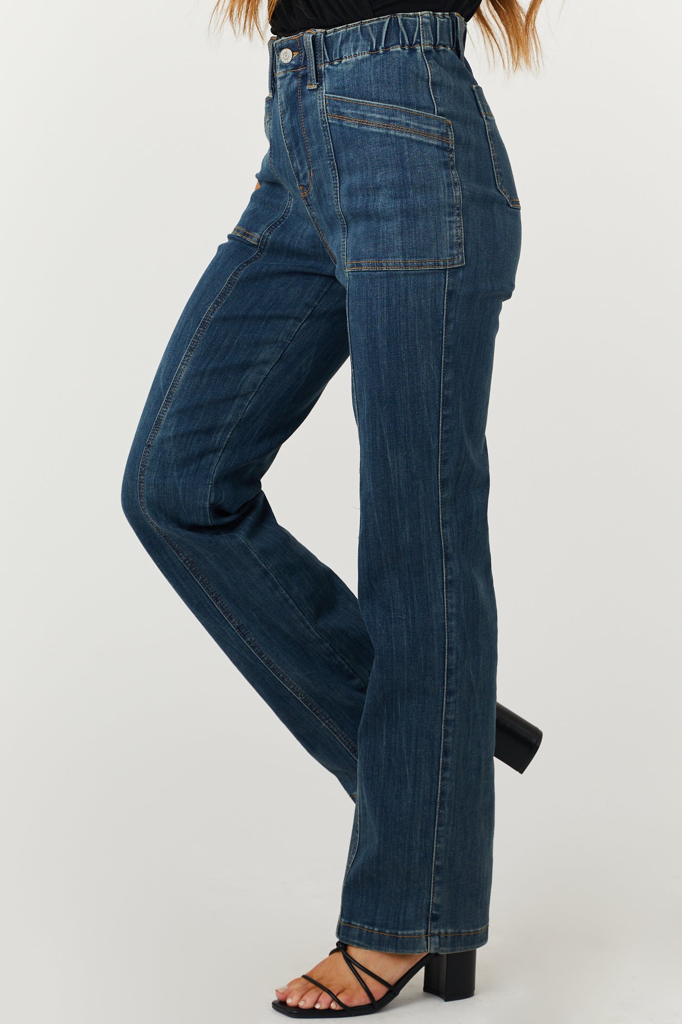 Medium Wash Elastic Waist Vintage Straight Jeans