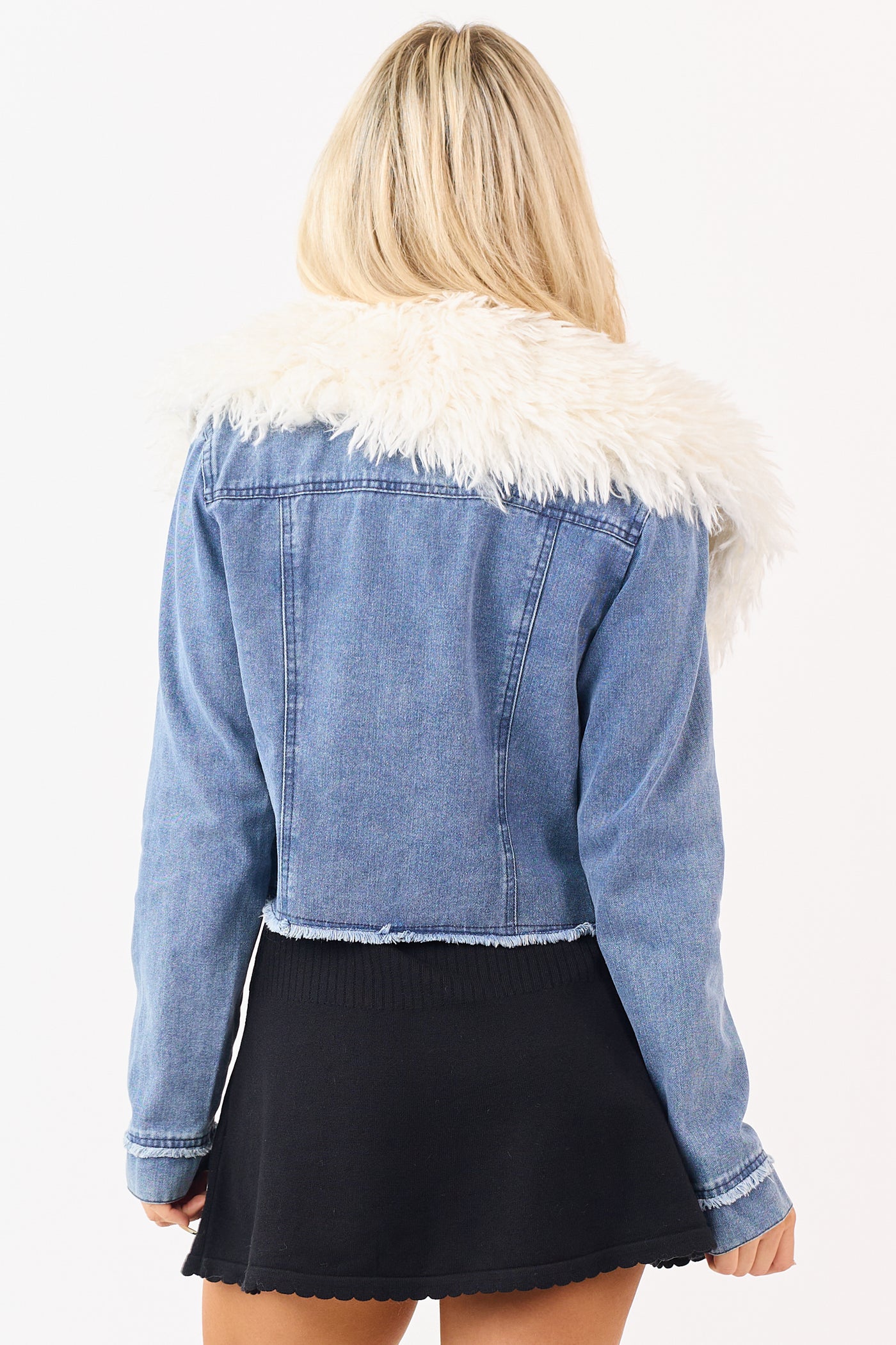 Medium Wash Faux Fur Collar Button Up Denim Jacket