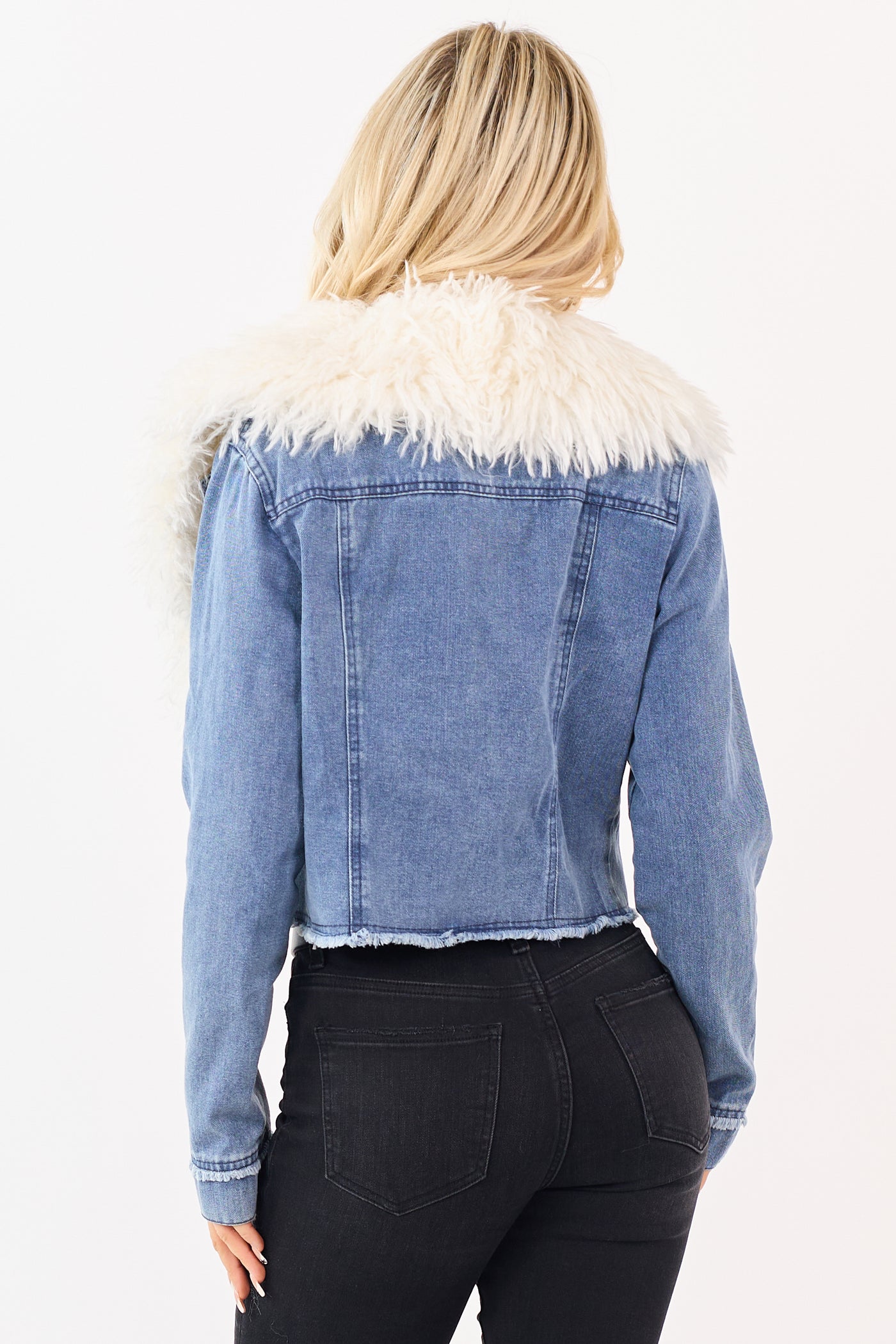 Medium Wash Faux Fur Collar Button Up Denim Jacket