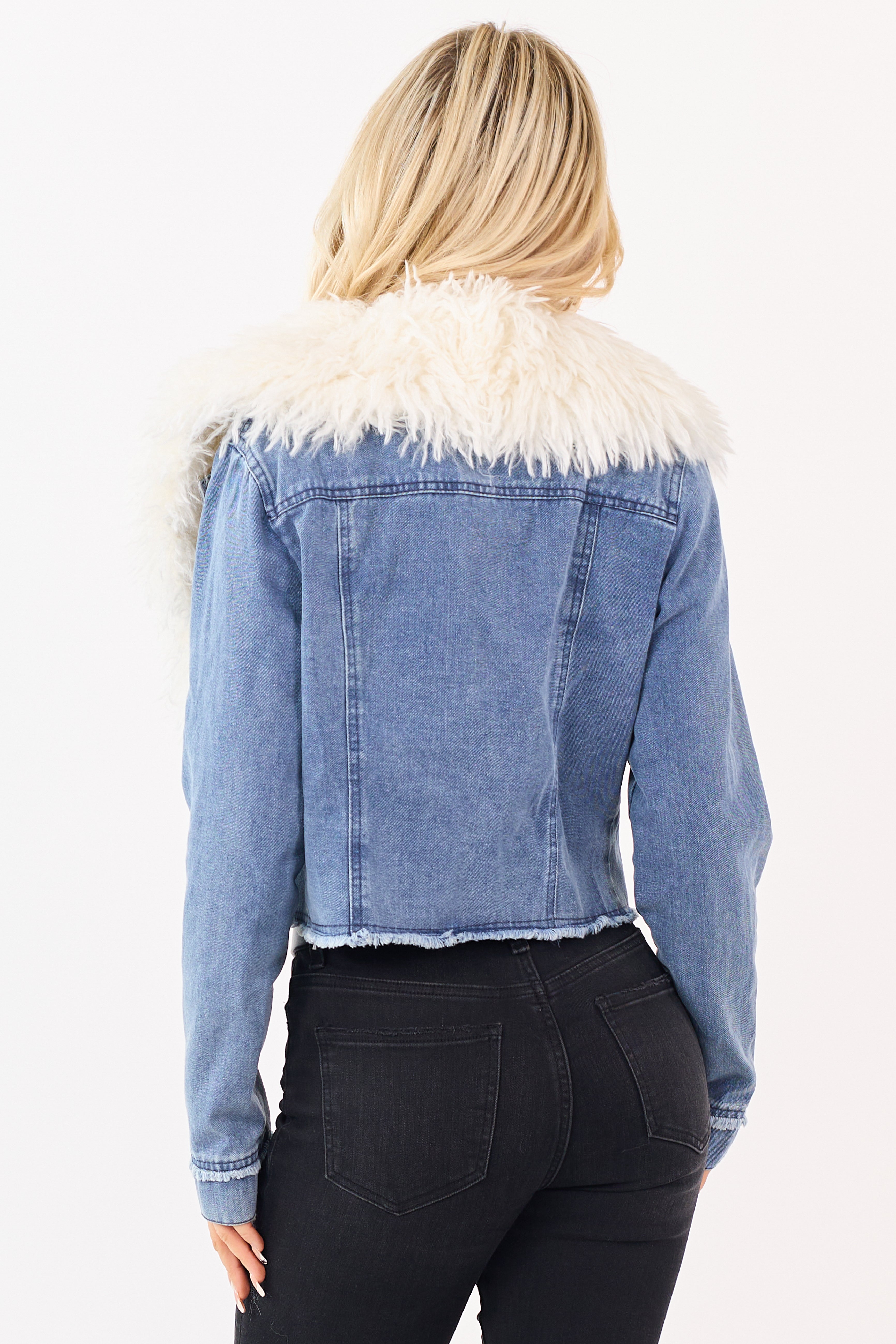 Medium Wash Faux Fur Collar Button Up Denim Jacket