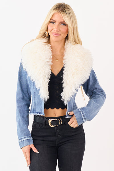 Medium Wash Faux Fur Collar Button Up Denim Jacket
