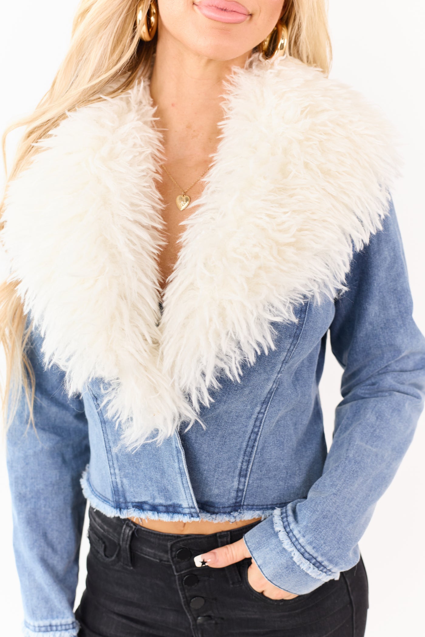 Medium Wash Faux Fur Collar Button Up Denim Jacket