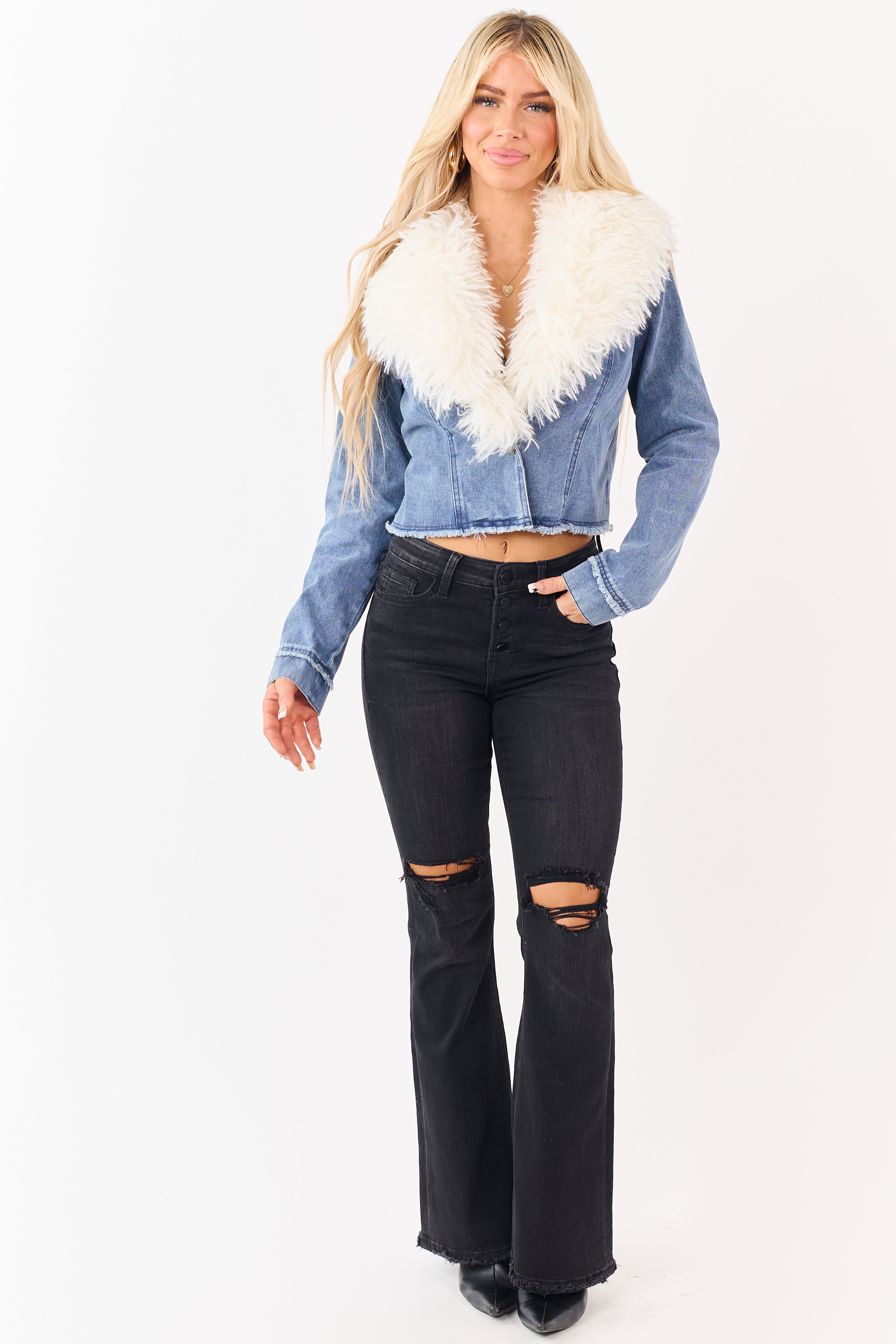 Medium Wash Faux Fur Collar Button Up Denim Jacket