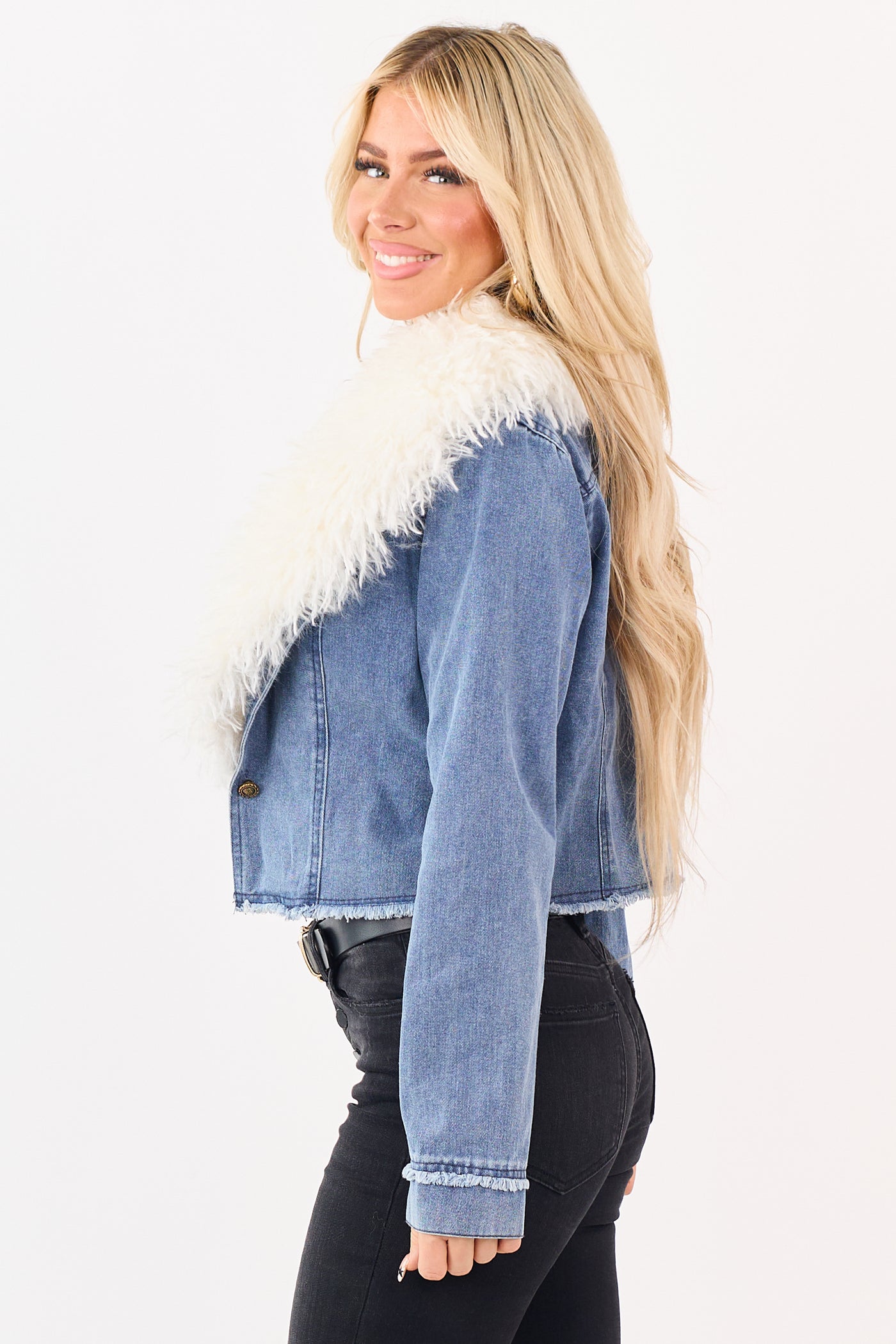 Medium Wash Faux Fur Collar Button Up Denim Jacket