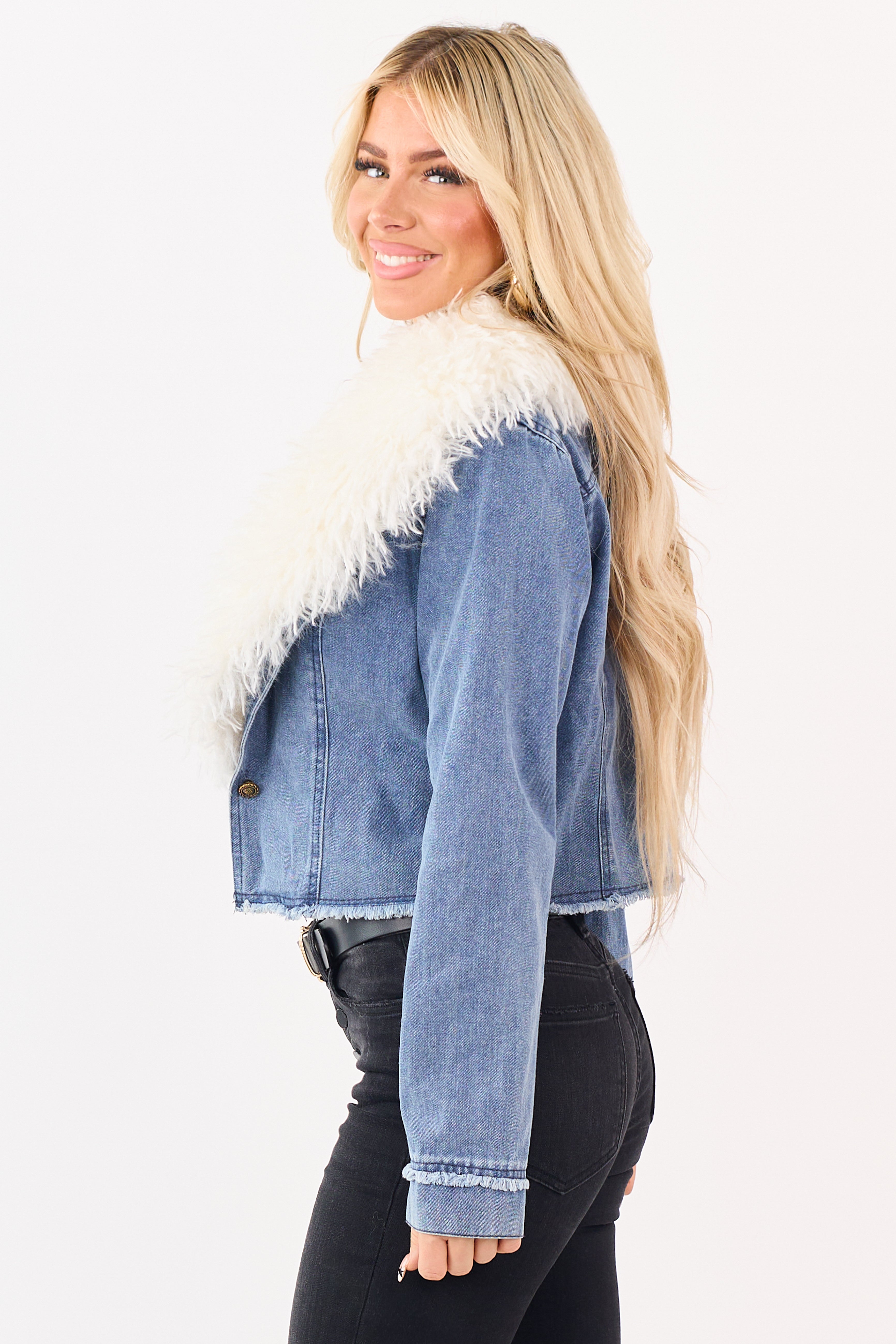 Medium Wash Faux Fur Collar Button Up Denim Jacket