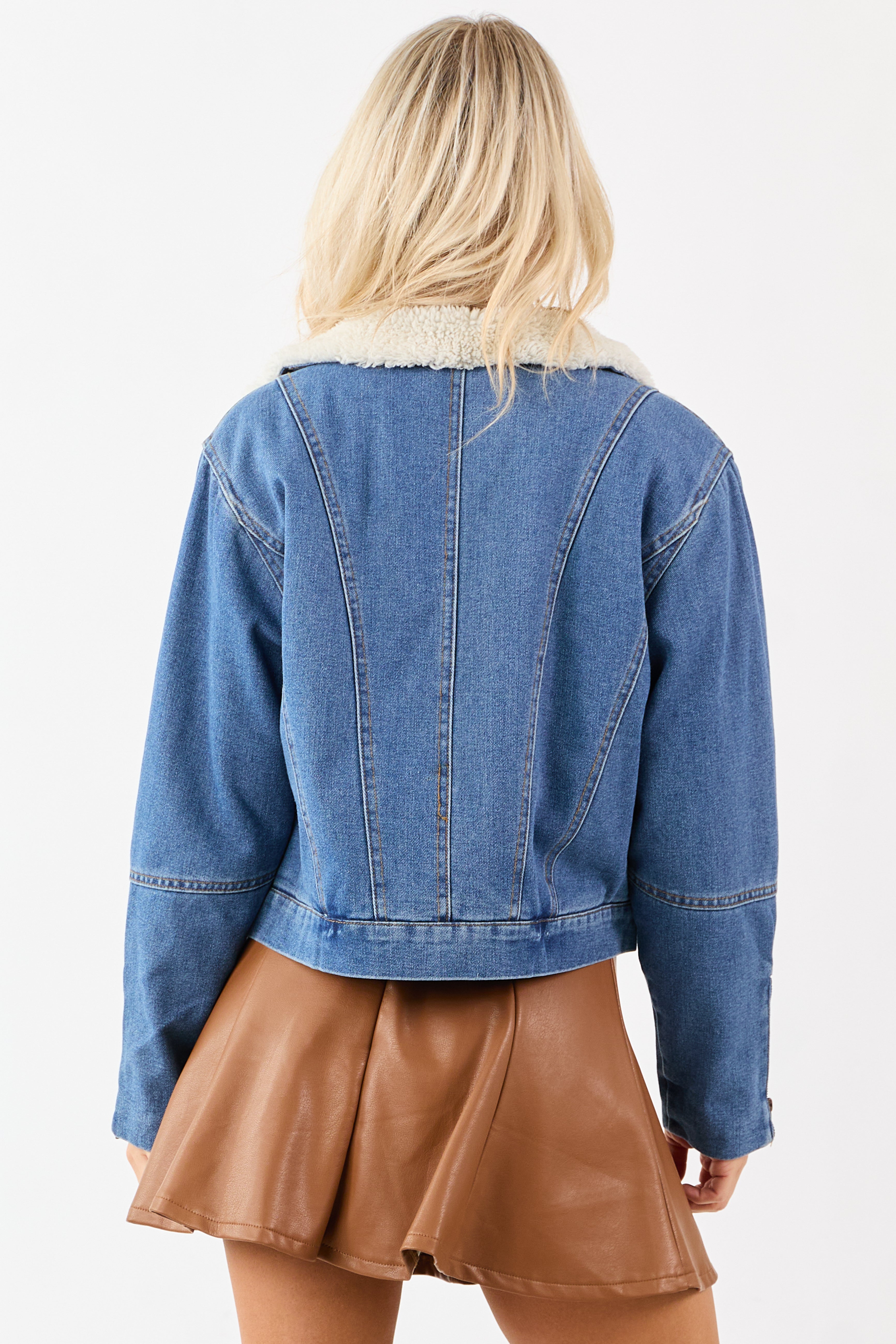 Medium Wash Fleece Lined Zip Up Denim Jacket