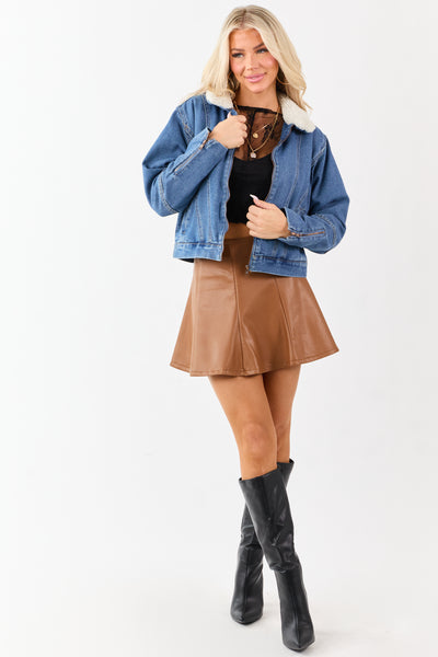 Medium Wash Fleece Lined Zip Up Denim Jacket