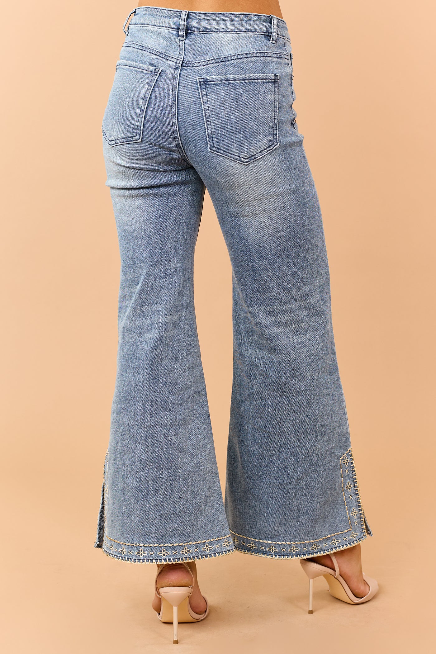 Medium Wash Floral Embroidered Hem Flare Stretch Jeans