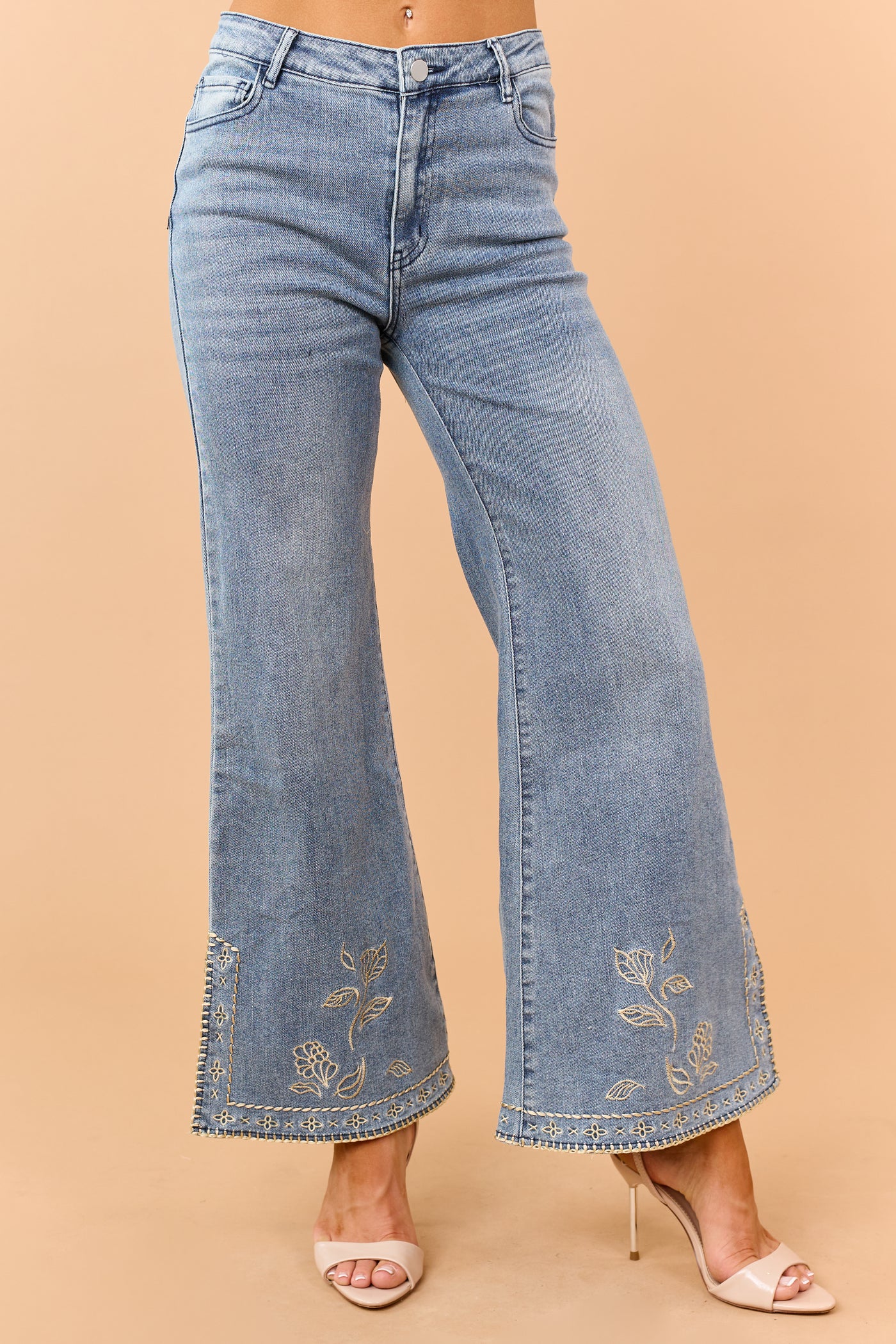 Medium Wash Floral Embroidered Hem Flare Stretch Jeans