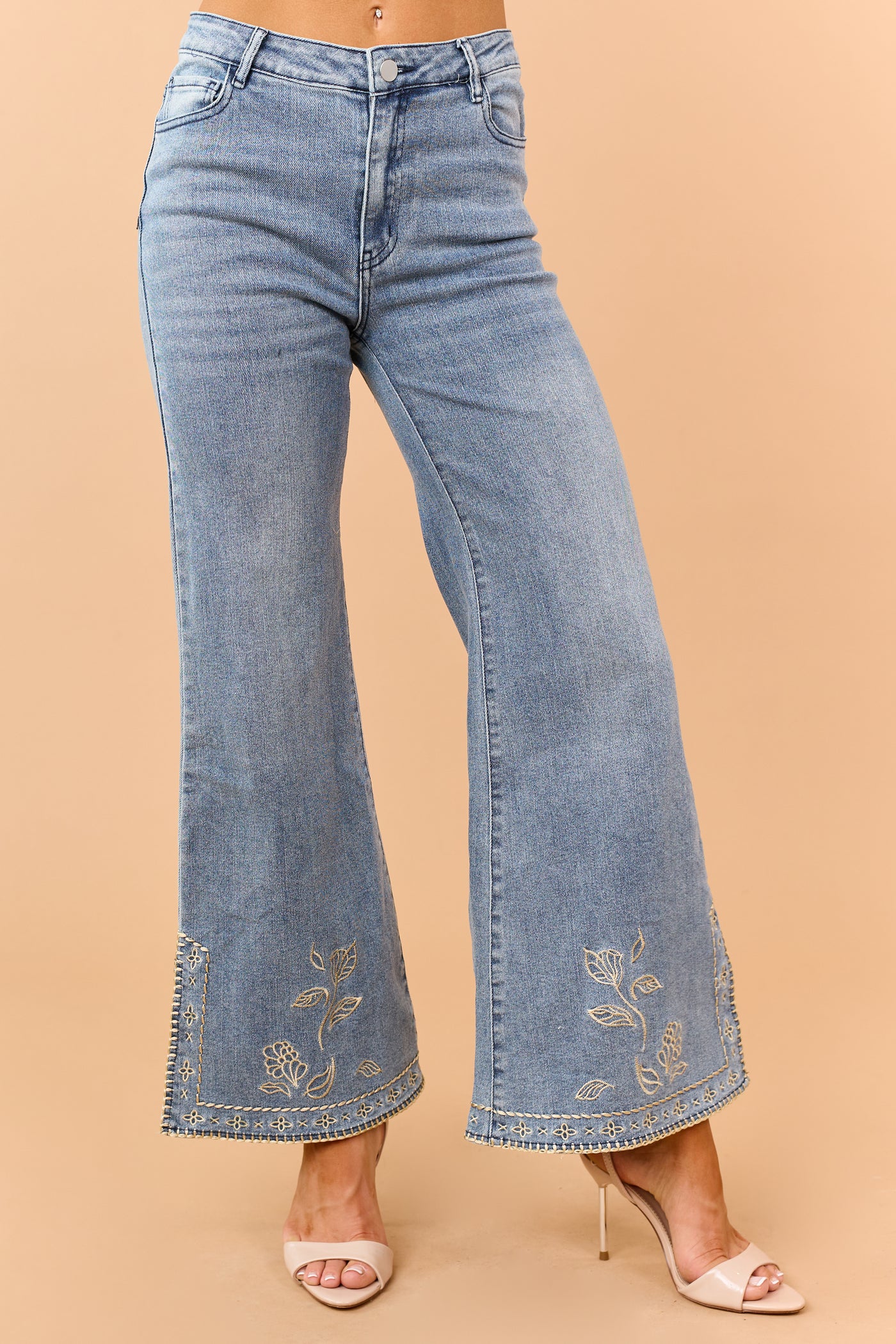 Medium Wash Floral Embroidered Hem Flare Stretch Jeans