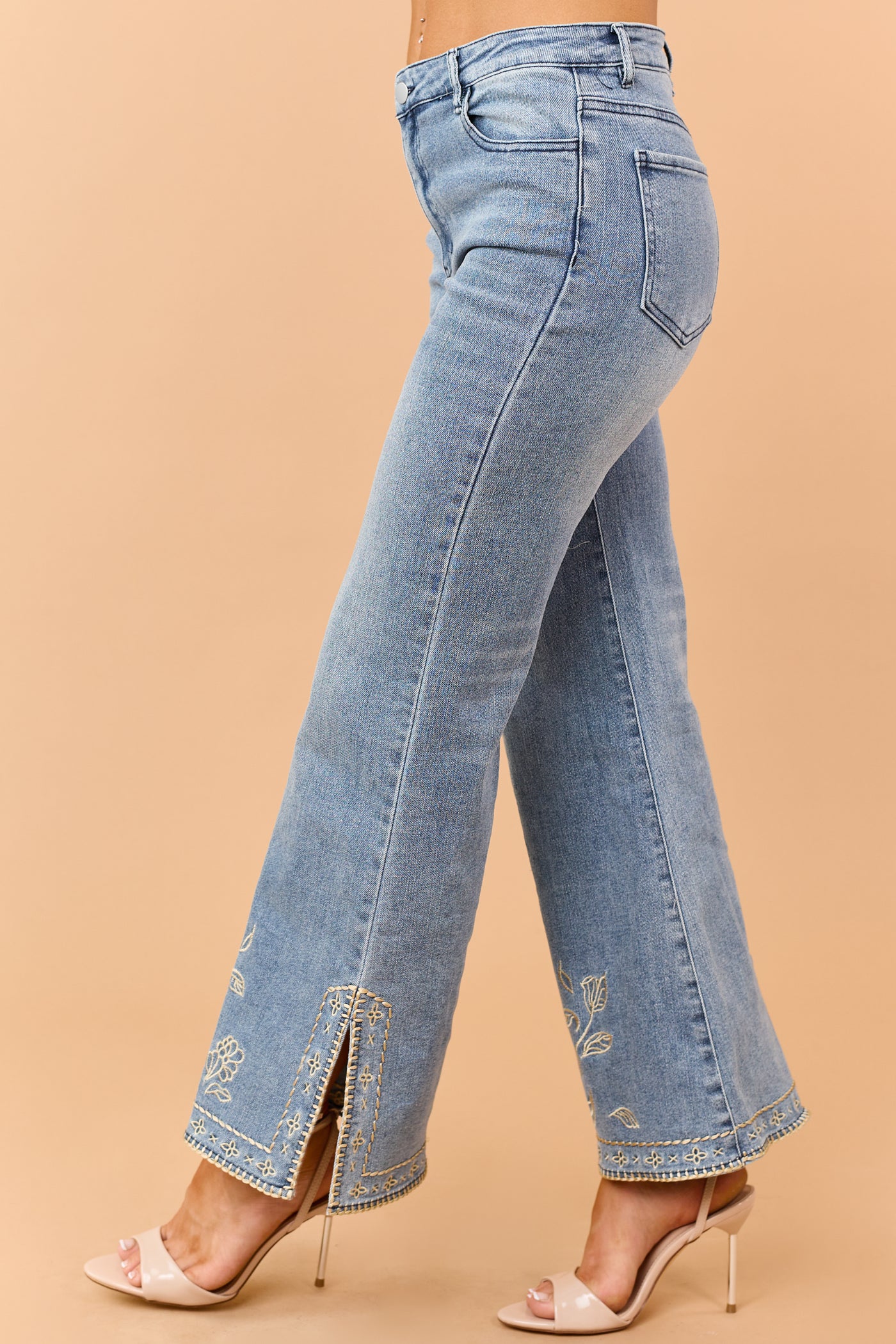 Medium Wash Floral Embroidered Hem Flare Stretch Jeans