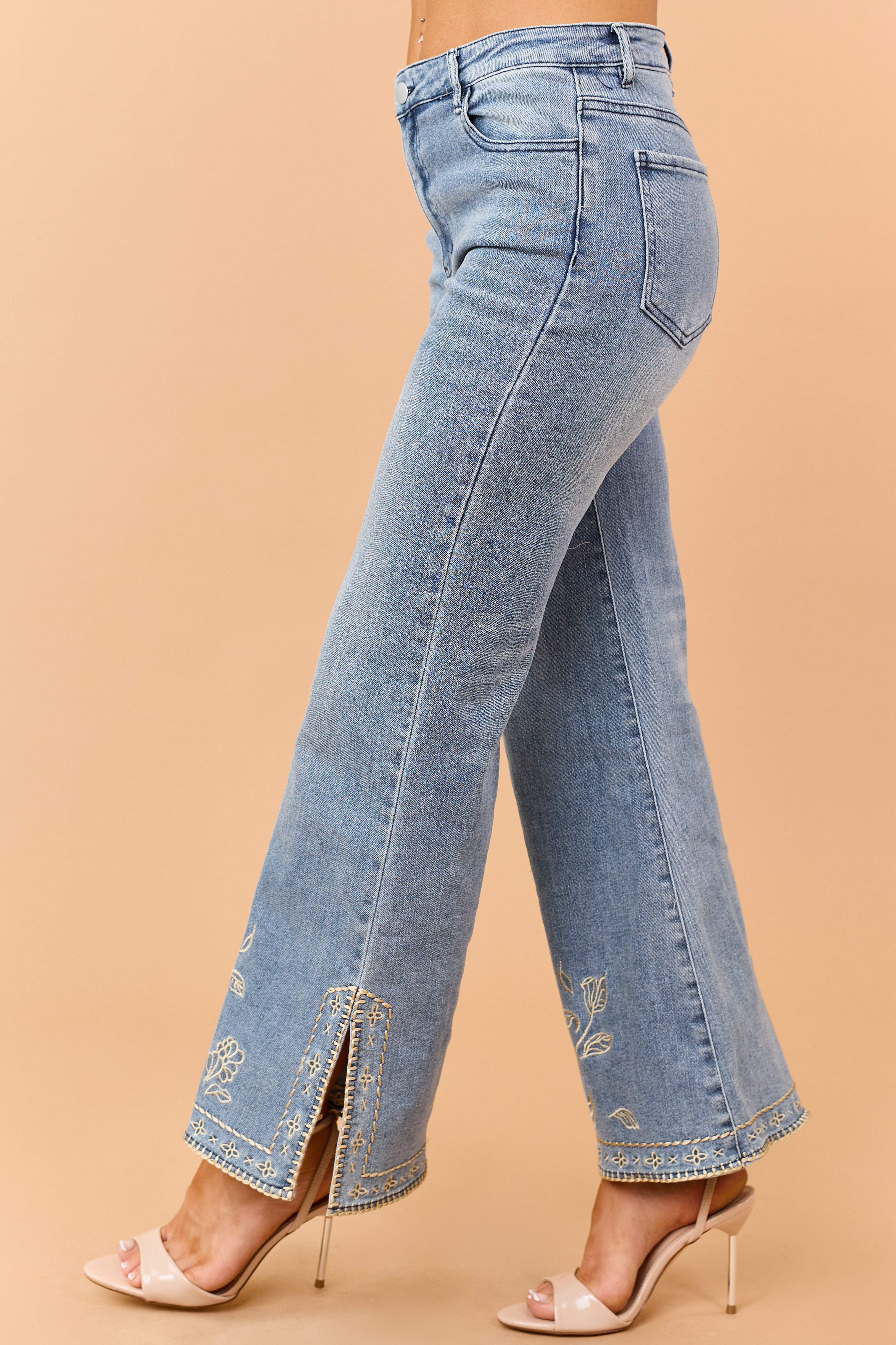 Medium Wash Floral Embroidered Hem Flare Stretch Jeans