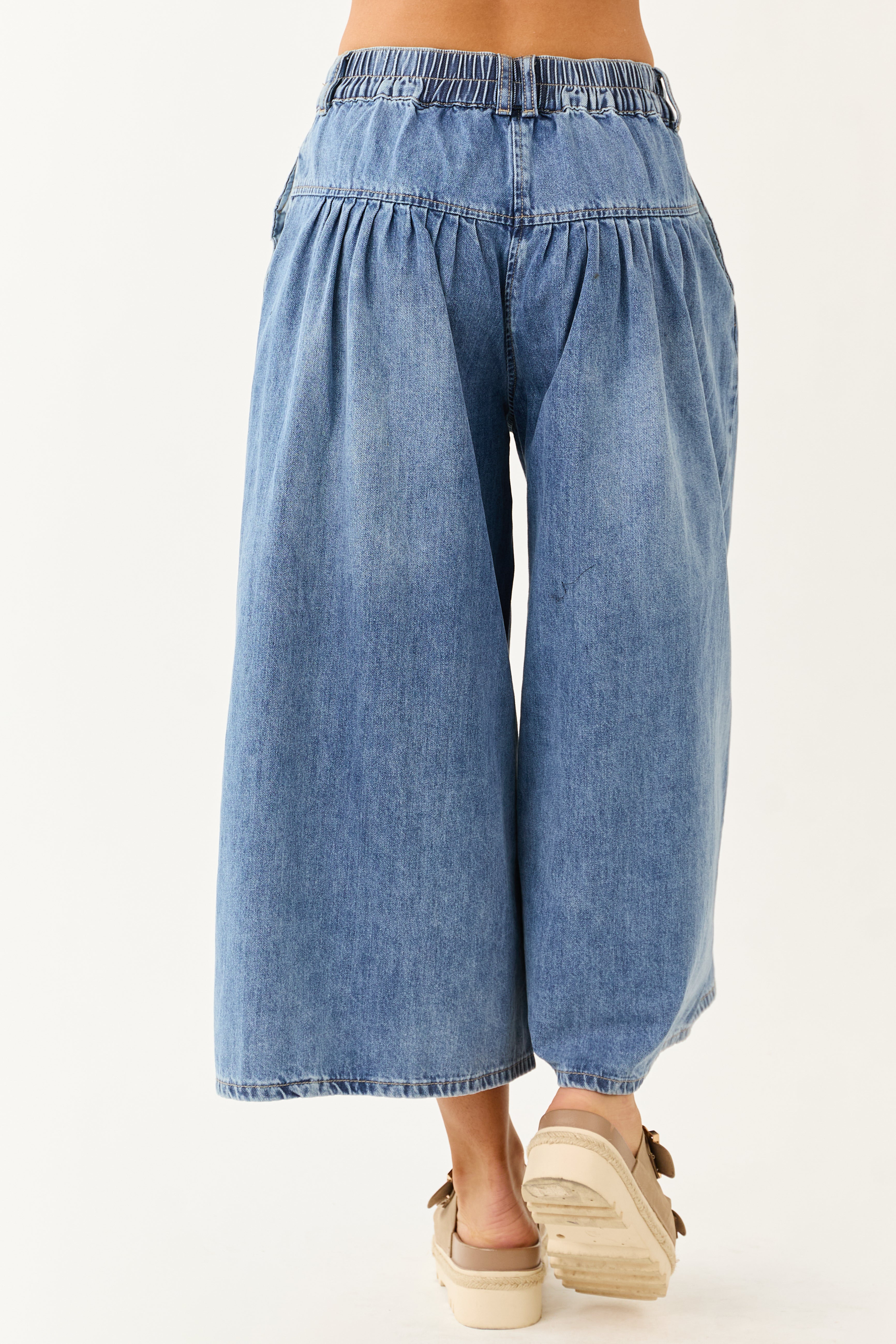 Medium Wash High Rise Cropped Wide Leg Denim Pants