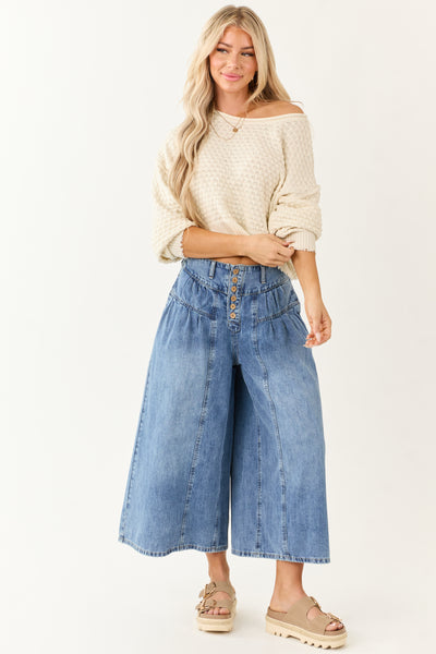 Medium Wash High Rise Cropped Wide Leg Denim Pants | Lime Lush