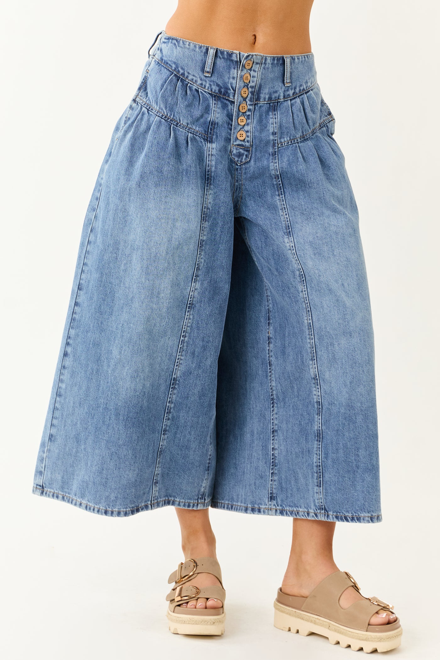 Medium Wash High Rise Cropped Wide Leg Denim Pants