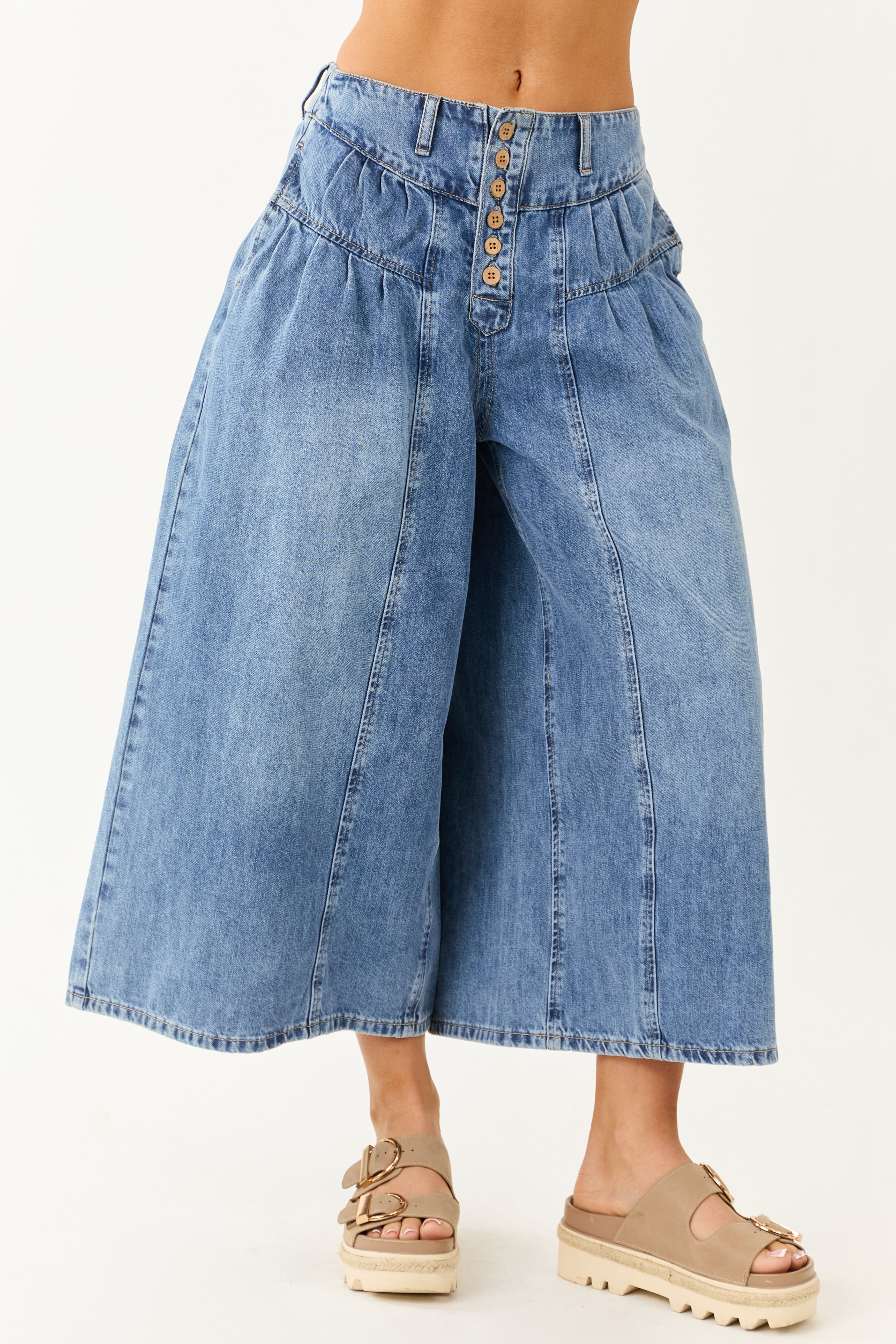 Medium Wash High Rise Cropped Wide Leg Denim Pants