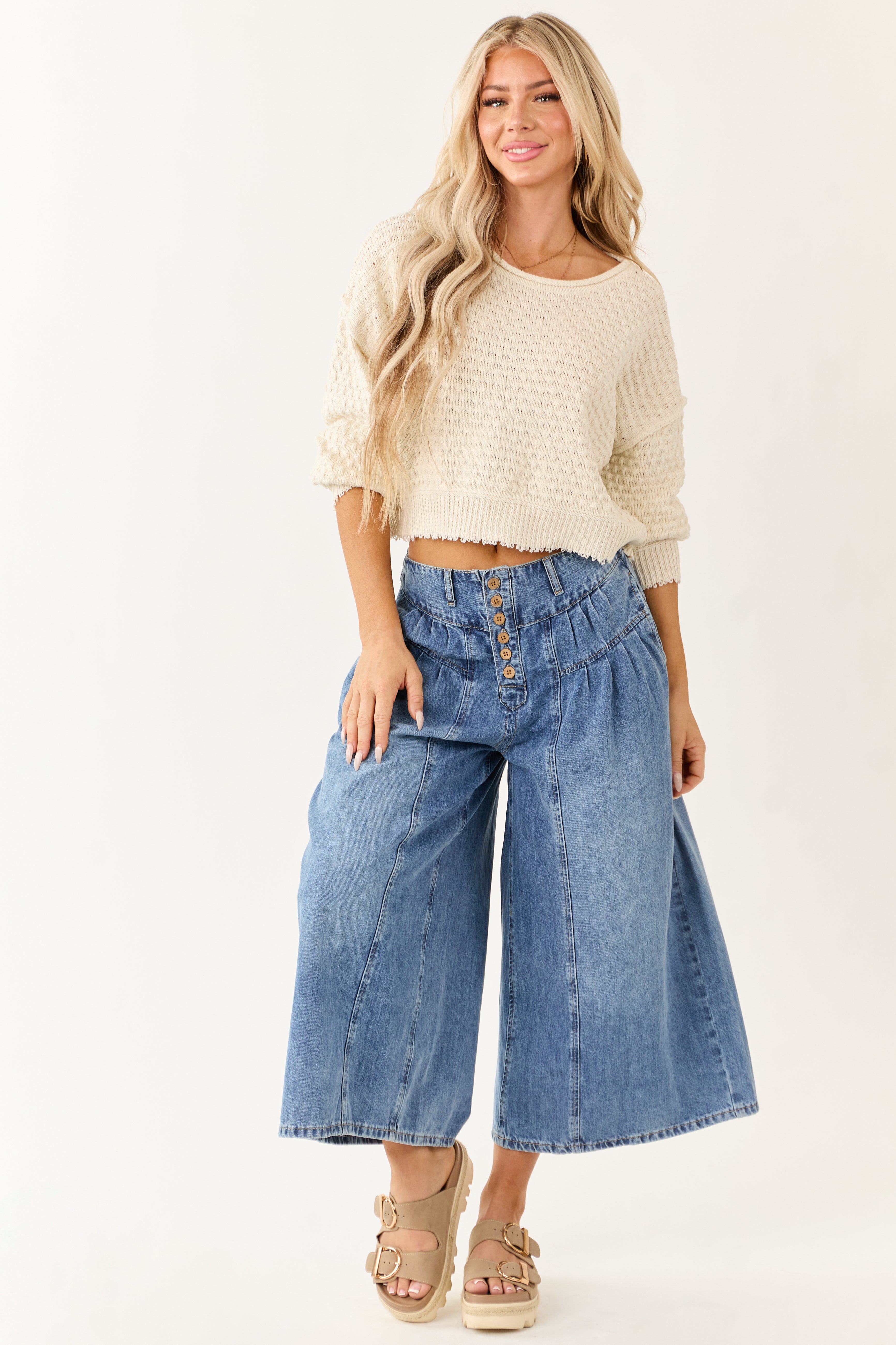 Medium Wash High Rise Cropped Wide Leg Denim Pants