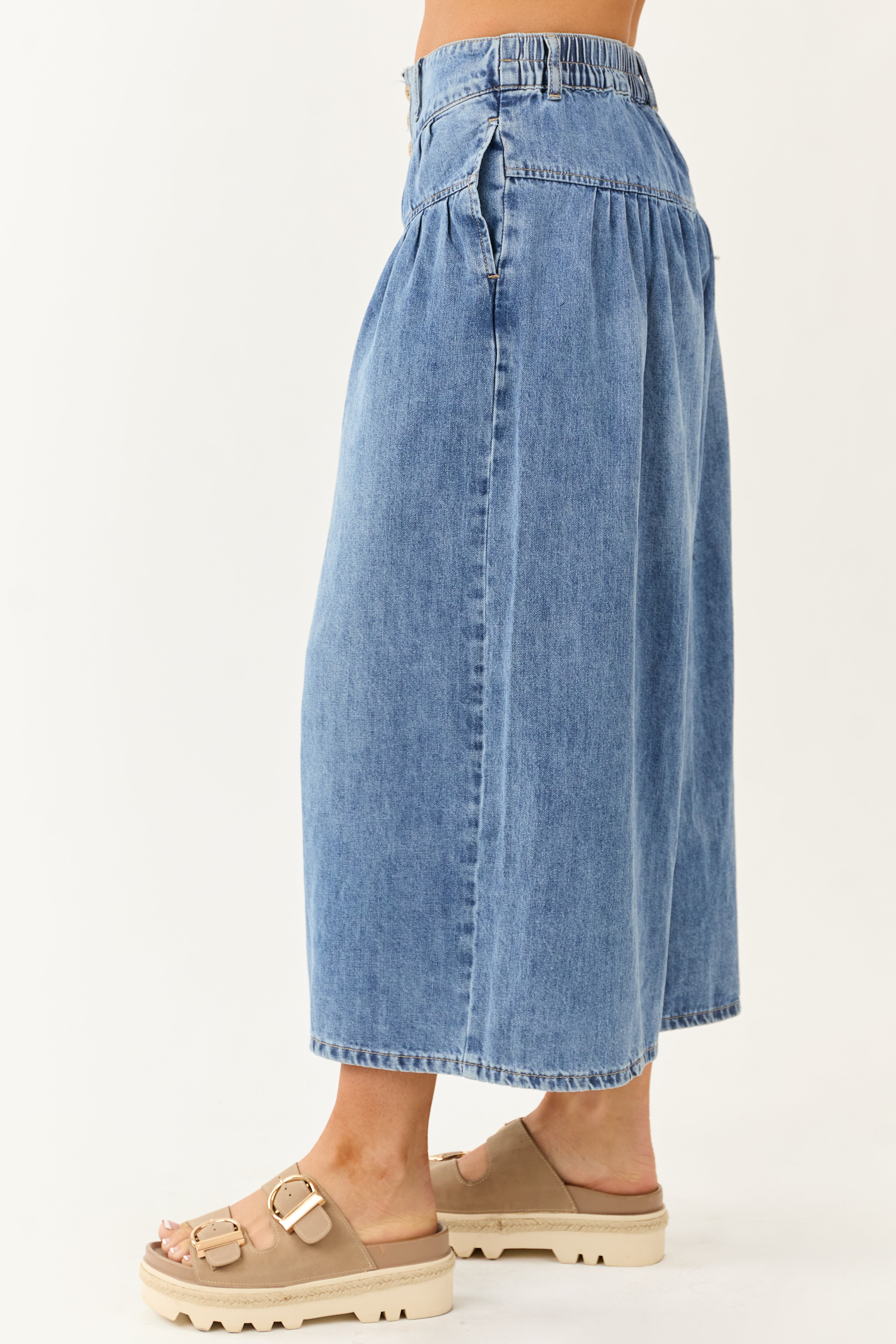 Medium Wash High Rise Cropped Wide Leg Denim Pants