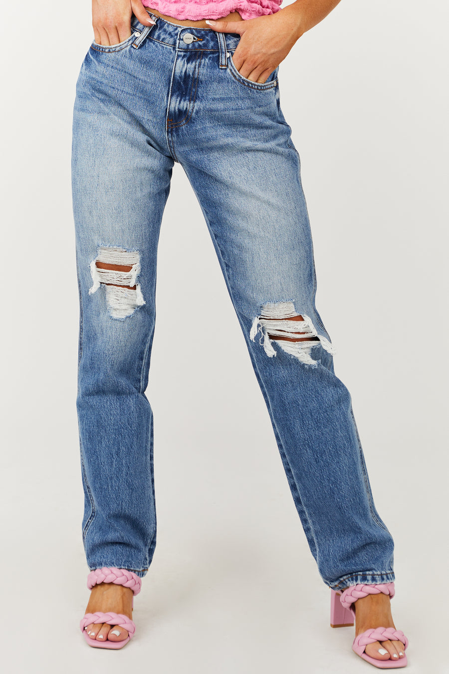 Medium Wash High Rise Distressed Straight Jeans
