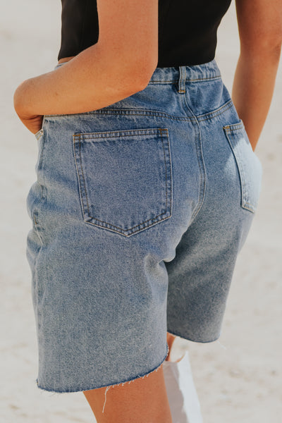 Medium Wash High Rise Relaxed Denim Shorts