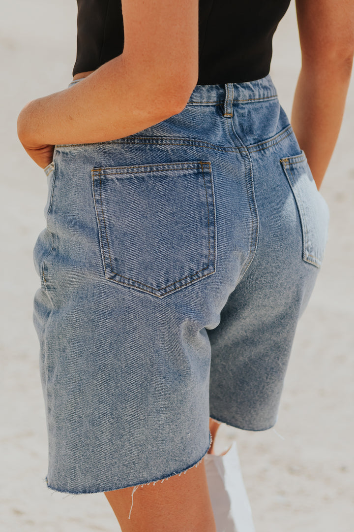 Medium Wash High Rise Relaxed Denim Shorts