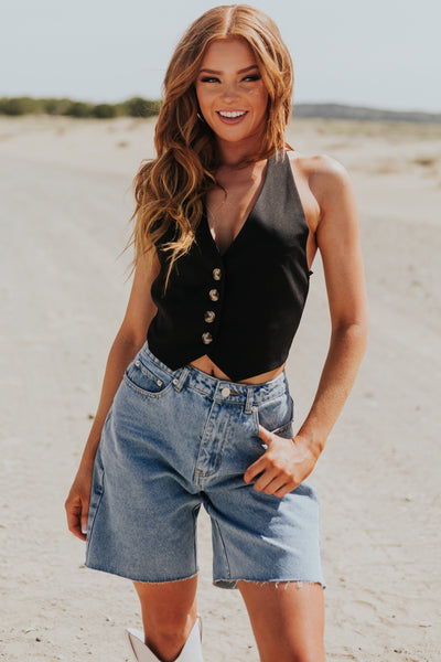 Medium Wash High Rise Relaxed Denim Shorts