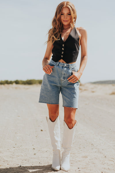 Medium Wash High Rise Relaxed Denim Shorts