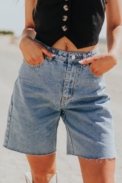 Medium Wash High Rise Relaxed Denim Shorts