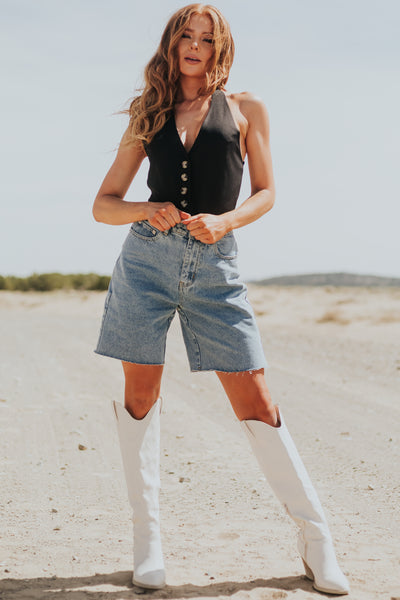 Medium Wash High Rise Relaxed Denim Shorts