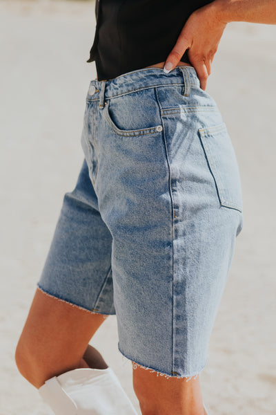 Medium Wash High Rise Relaxed Denim Shorts