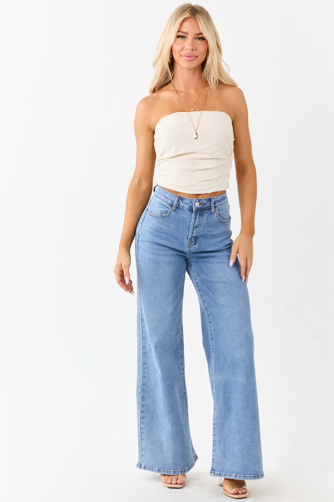 Medium Wash High Rise Wide Leg Stretchy Jeans