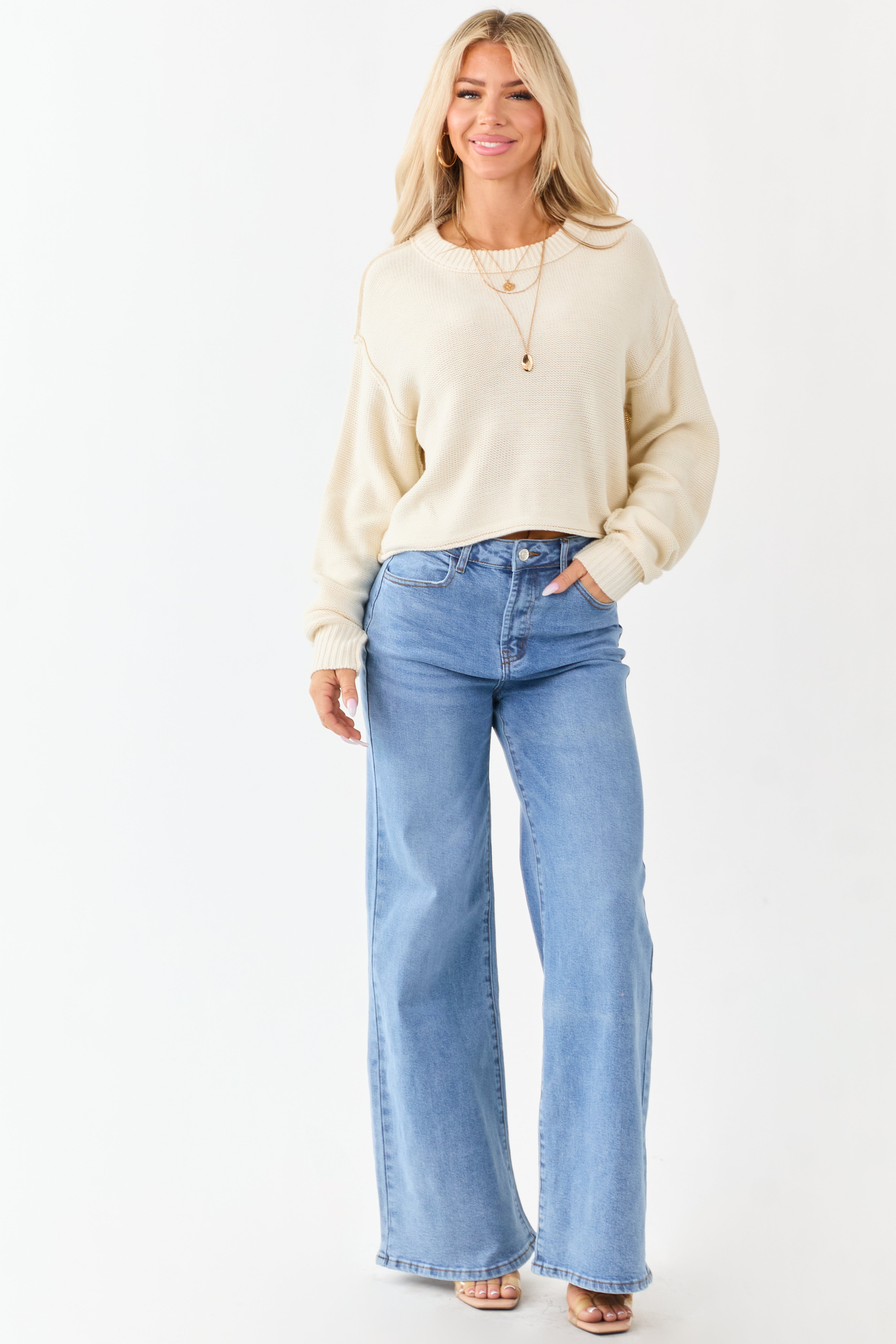 Medium Wash High Rise Wide Leg Stretchy Jeans