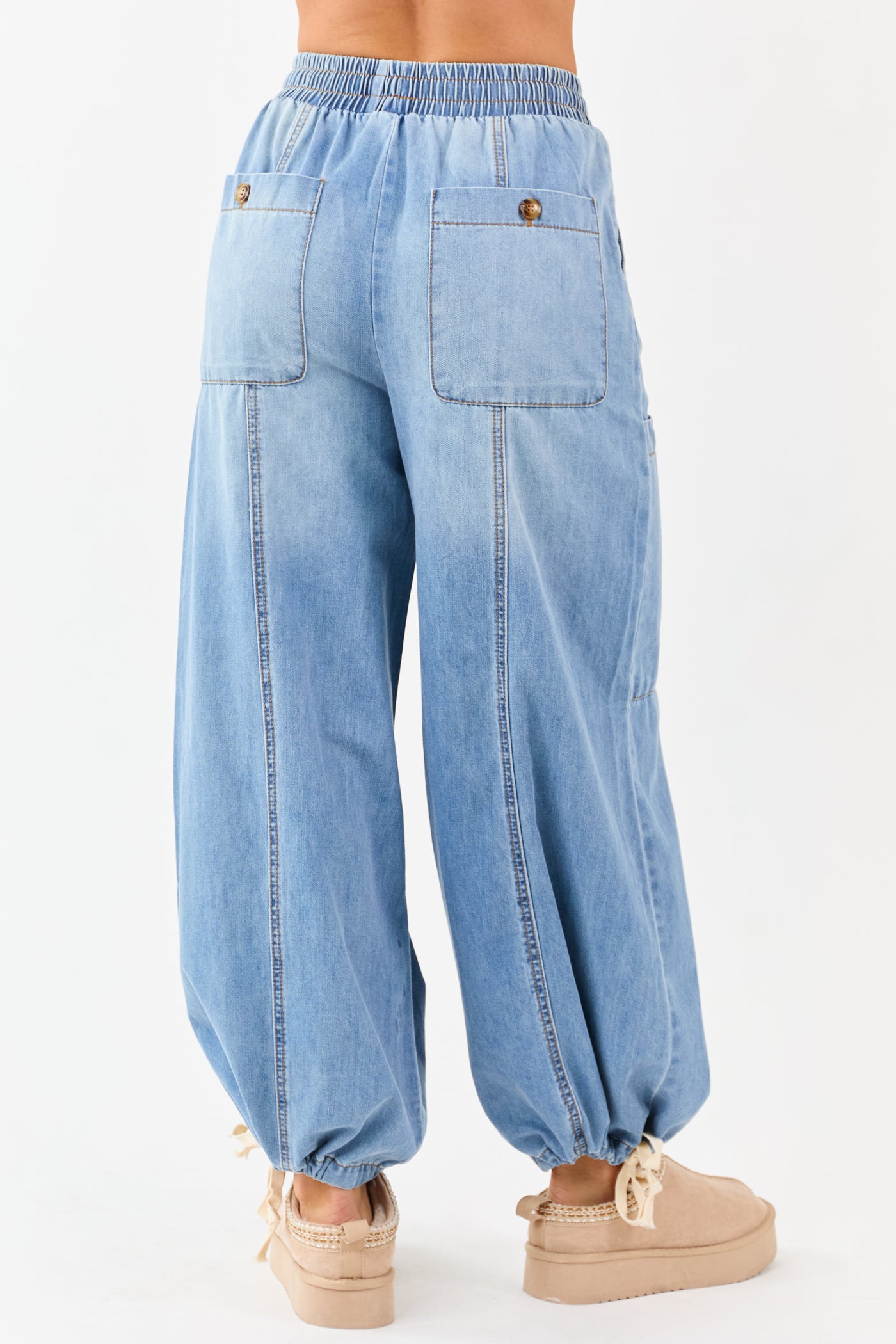 Medium Wash Lightweight Denim Wide Drawstring Pants