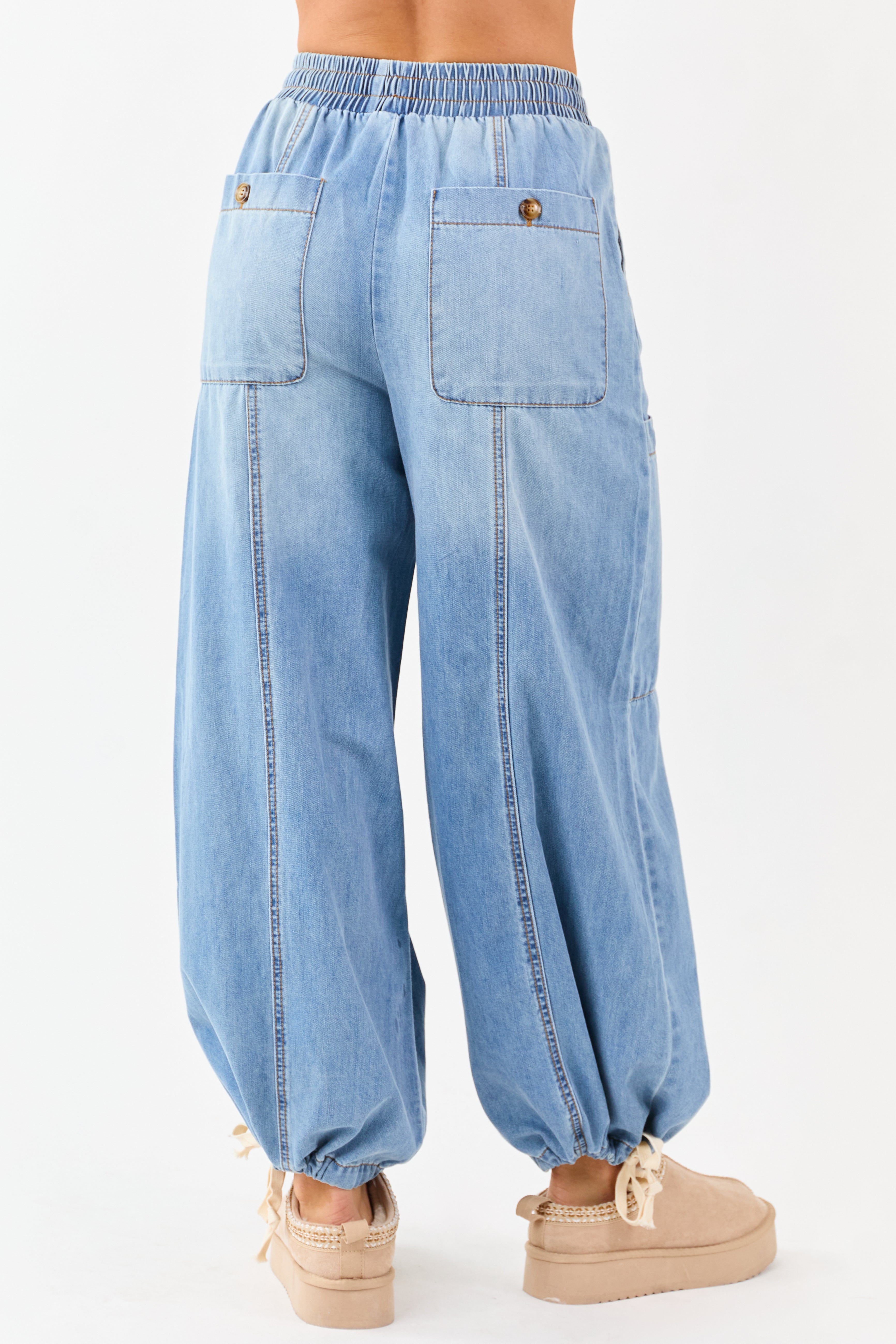 Medium Wash Lightweight Denim Wide Drawstring Pants
