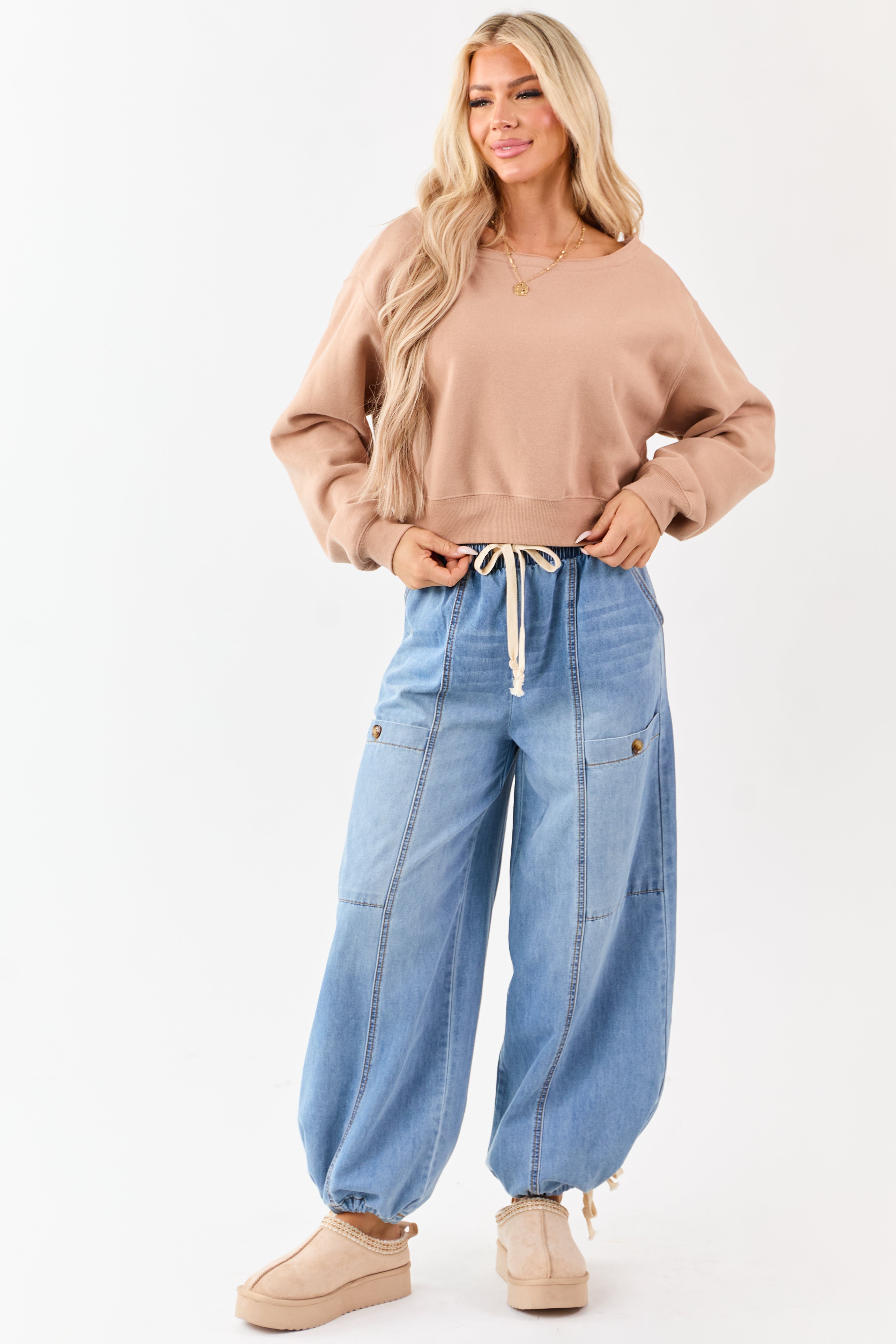 Medium Wash Lightweight Denim Wide Drawstring Pants | Lime Lush