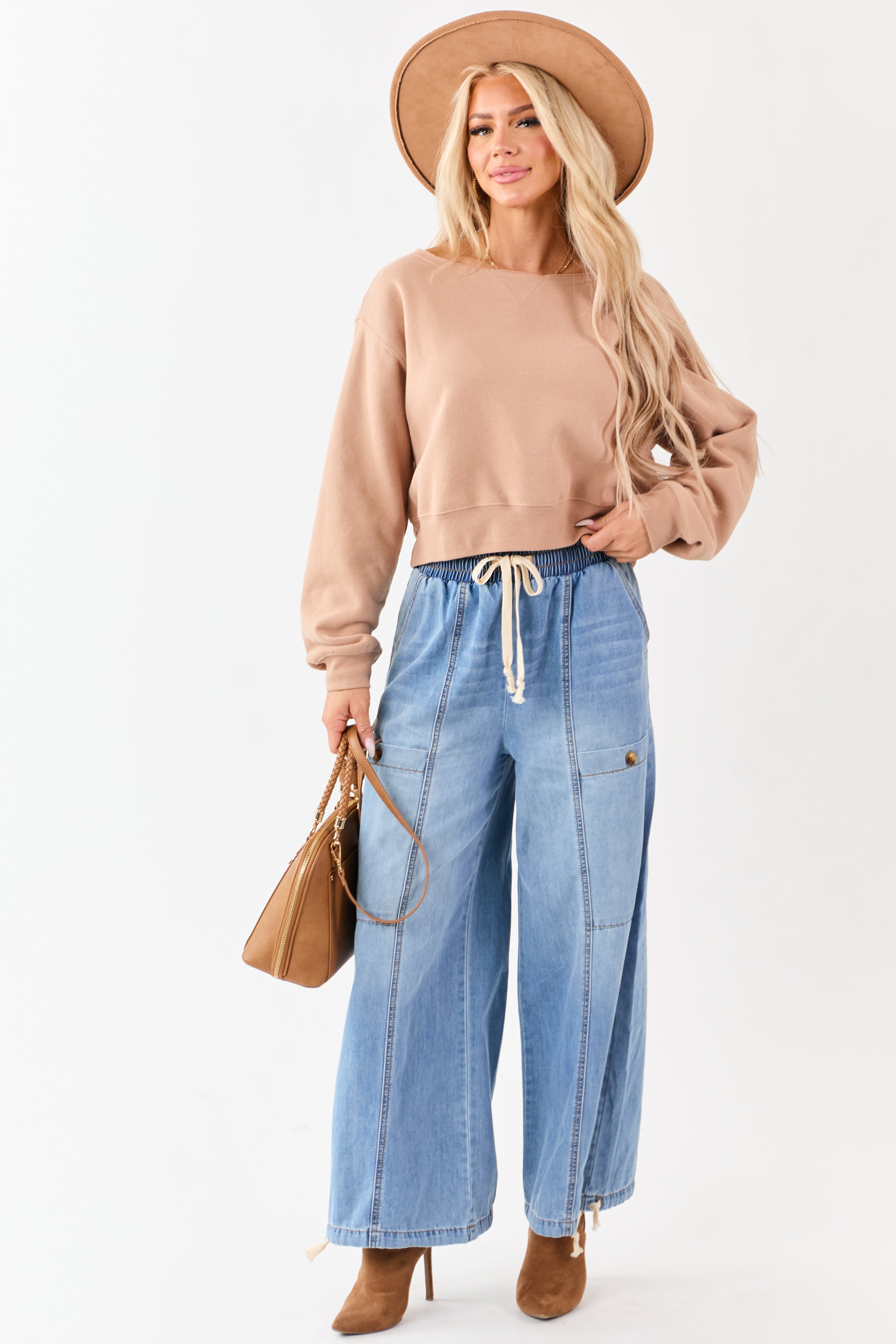 Medium Wash Lightweight Denim Wide Drawstring Pants