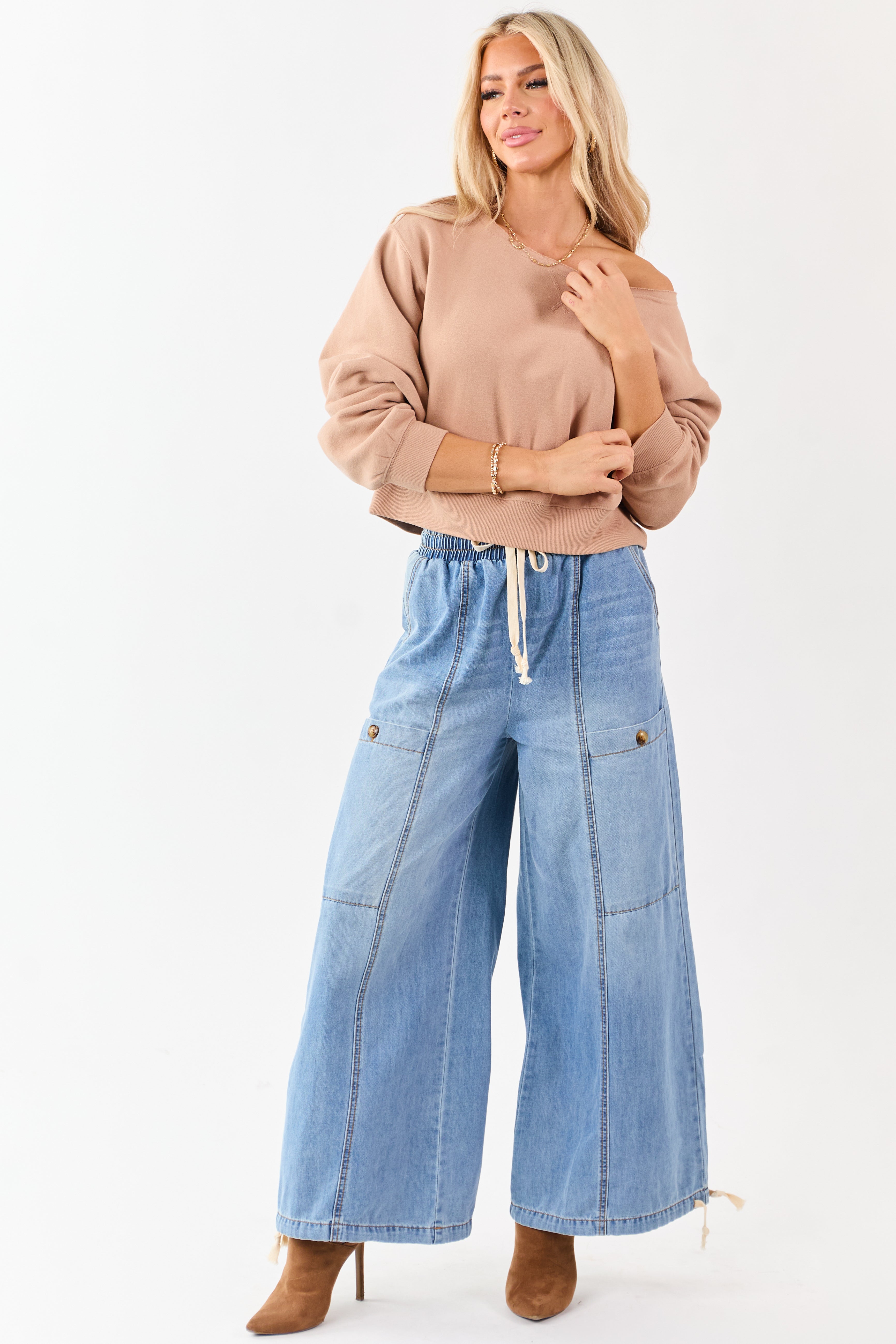 Medium Wash Lightweight Denim Wide Drawstring Pants