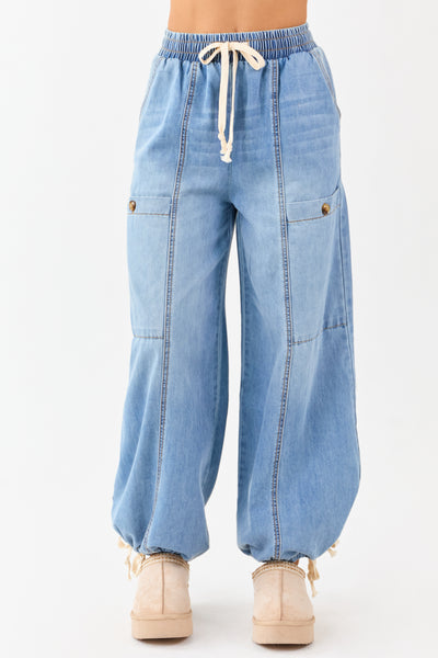 Medium Wash Lightweight Denim Wide Drawstring Pants