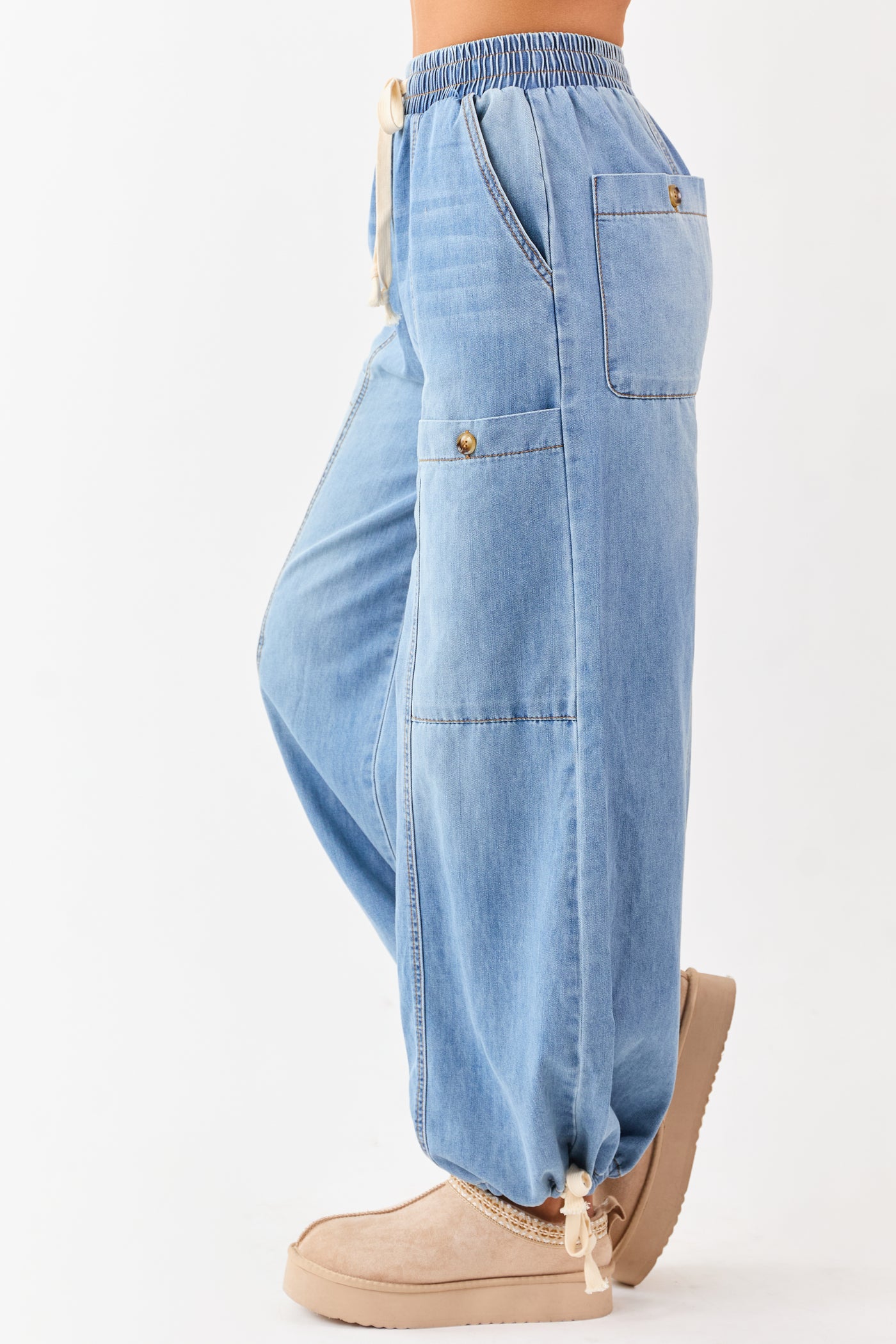Medium Wash Lightweight Denim Wide Drawstring Pants