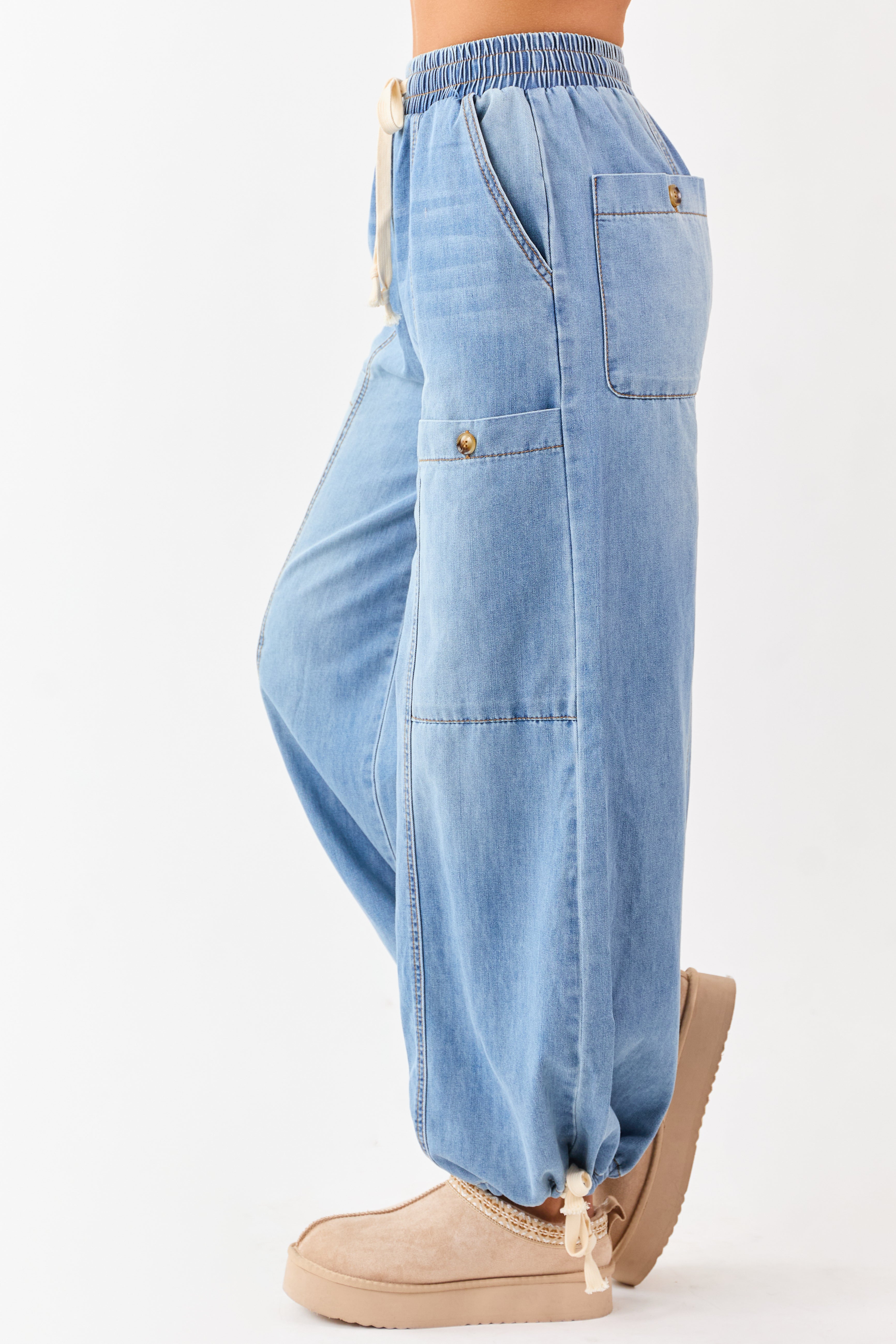 Medium Wash Lightweight Denim Wide Drawstring Pants